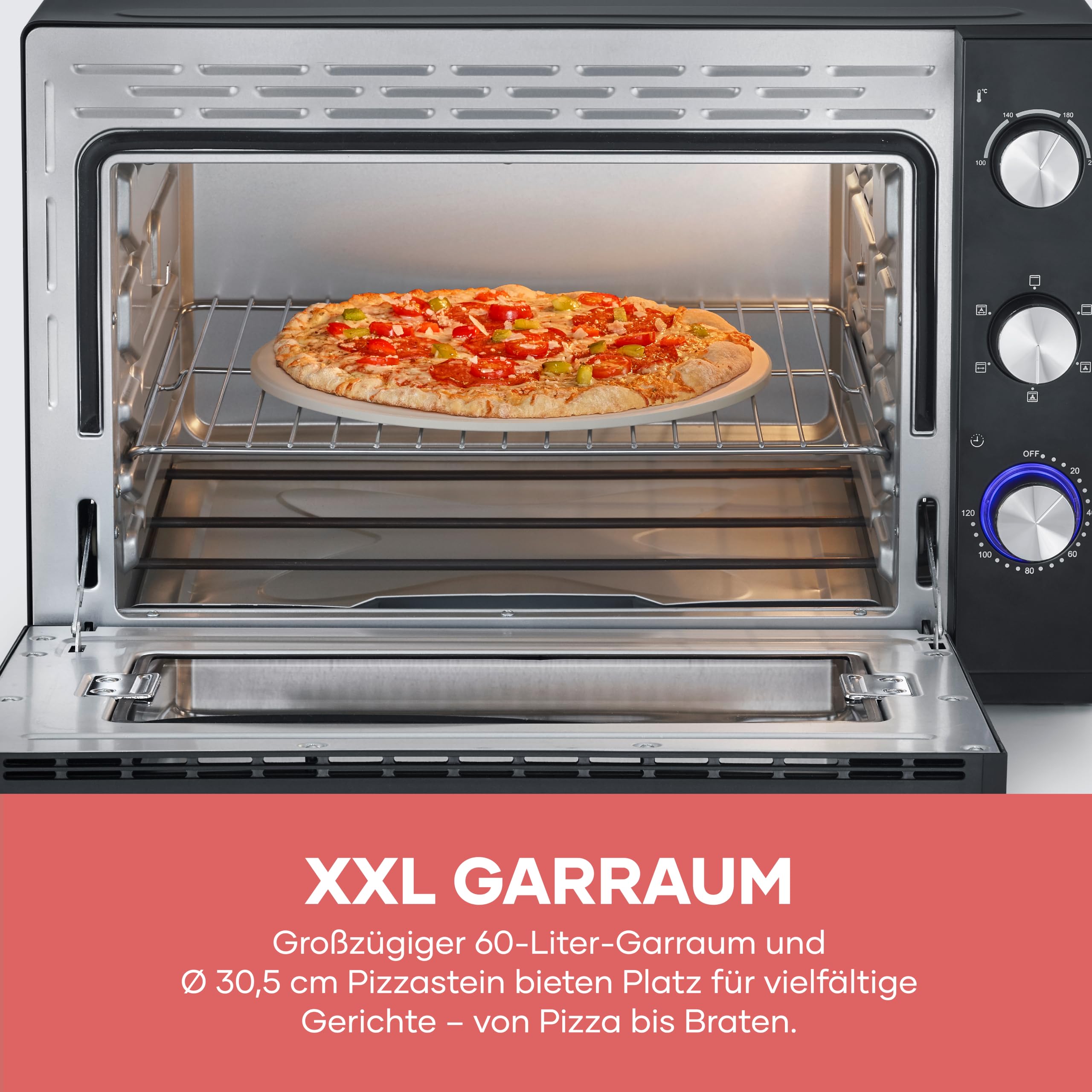 SEVERIN XXL Back- und Toastofen mit Umluftfunktion, inklusive Grillrost, Backblech, Drehspieß und Pizzastein, vielseitiger Heißluftofen mit 60 L Kapazität, 2.200 W, schwarz, TO 2073