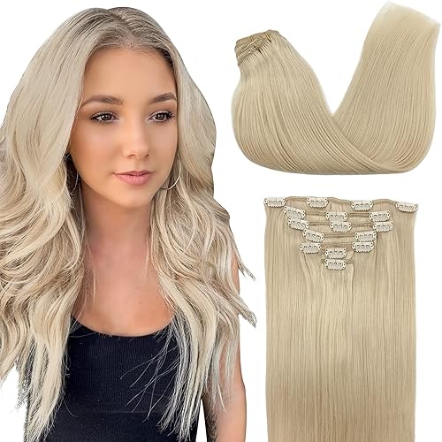 Human Hair Clip in Extensions Platinum Blonde 14 Inch 120g 7pcs DOORES Clip in Hair Extensions Remy Hair Extensions Natural Hair Extensions Straight