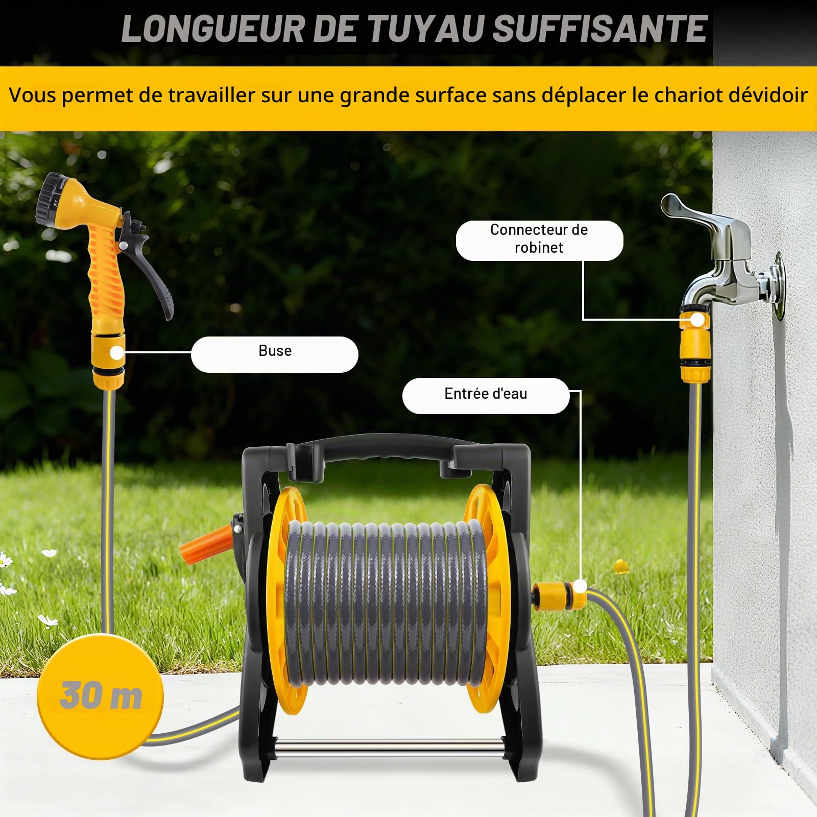 Enrouleur de tuyau d'arrosage, dévidoir de tuyau d'arrosage avec tuyau d'arrosage (1 enrouleur de tuyau + tuyau d'arrosage de 30 m)