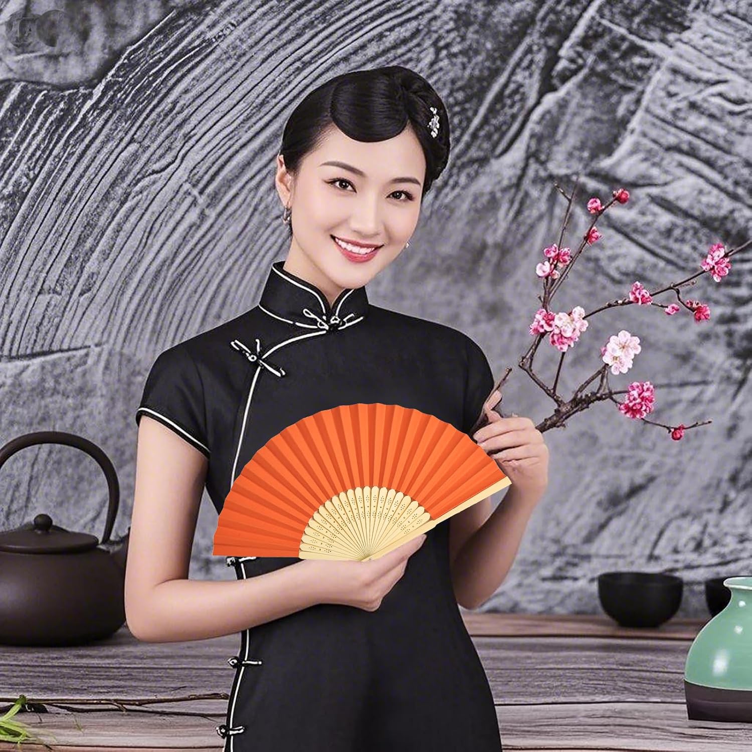 12 Pcs Orange Paper Fans Handheld,8.3 Inch Foldable Hand Fan,Folding Hand Fan for Women,Chinese Japanese Bamboo Fans for Wedding Guests,Dancing,Party Decoration,DIY