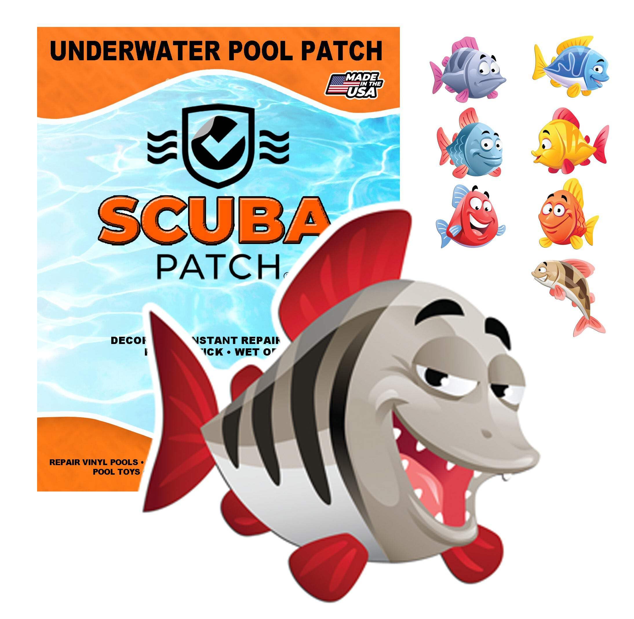 Scuba Patch Heavy Duty Underwater Pool Liner Patches | Heavy Duty | Instant | Waterproof | Glue-Less | Peel and Stick | Swimming Pool Liner Repair Patch Cartoon Fish