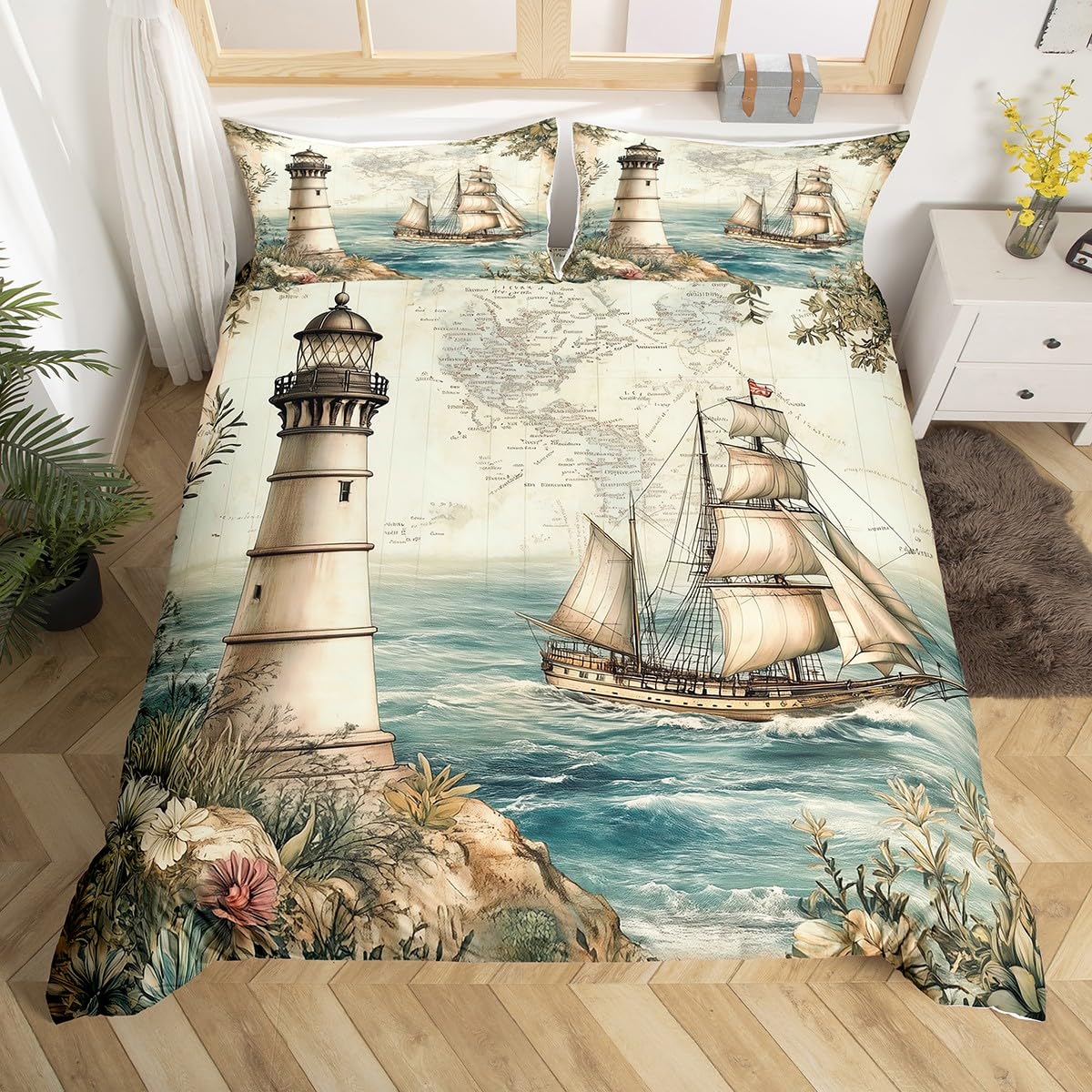 Nautical Lighthouse Duvet Cover Set Queen Size,Retro Sailing Boat Ocean Adventure Bedding Set,Boys Girls Room Decor,Botanical Flowers Rustic Comforter Cover,Blue Quilt Cover,2 Pillowcases(No Filler)