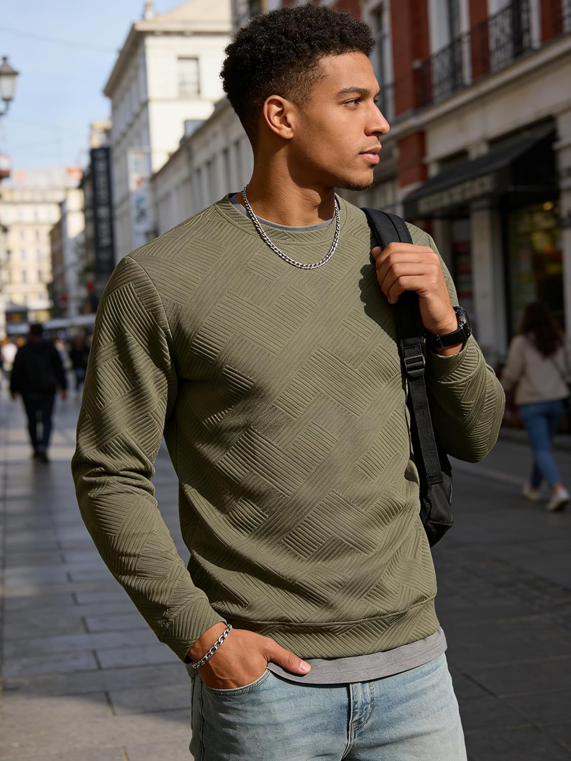 UOUA Men's Crewneck Sweatshirt Jacquard Texture Pullover Casual Long Sleeve Shirt for Fall Winter - Image 5