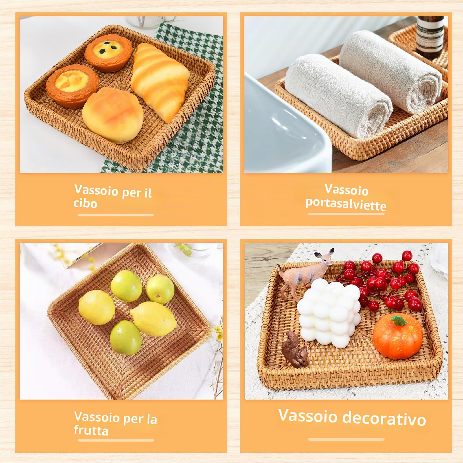 Vassoio Decorativo in Rattan, Cesto Portaoggetti Intrecciato, Organizer Scrivania Ufficio, Portaoggetti Tavolo Tessuto per Trucco, Tovaglioli, Dessert, Ornamenti