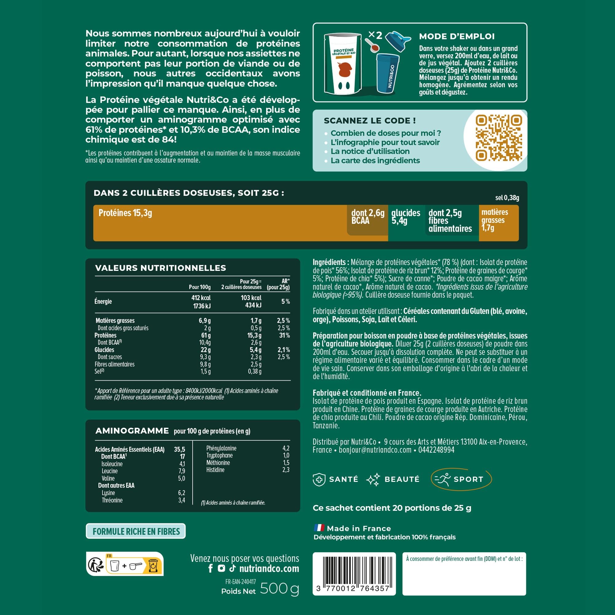 NUTRI & CO Protéines Vegétales BIO - 4 Sources : Pois, Riz, Chia & Courge - Riche en BCAA - Vegan Protein 100% naturelle - Goût Naturel Cacao 500g - Sans édulcorant ni additif - Fabriqué en France