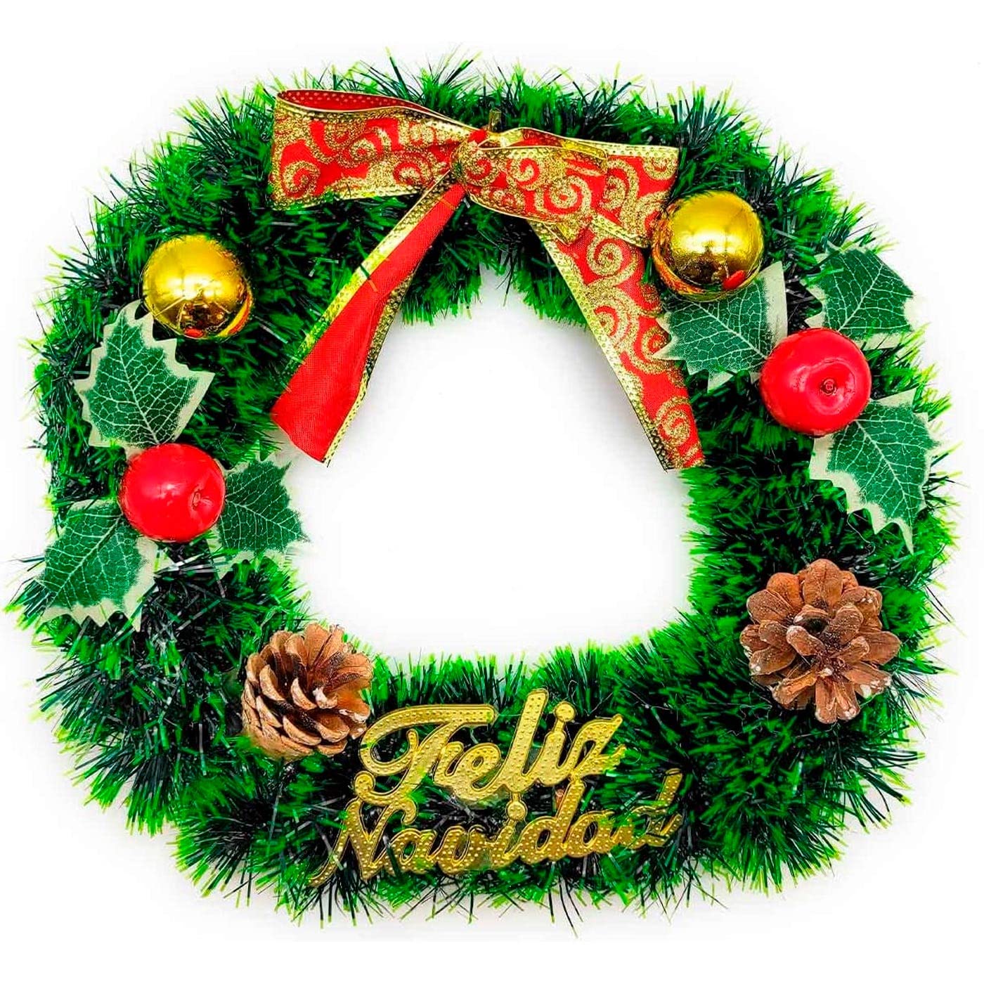 Acan Tradineur - Corona de Navidad con piñas Feliz Navidad, espumillón, Guirnalda Decorativa Artificial, Adorno Colgante para Puerta, Pared, Mesa, Ø 30 cm