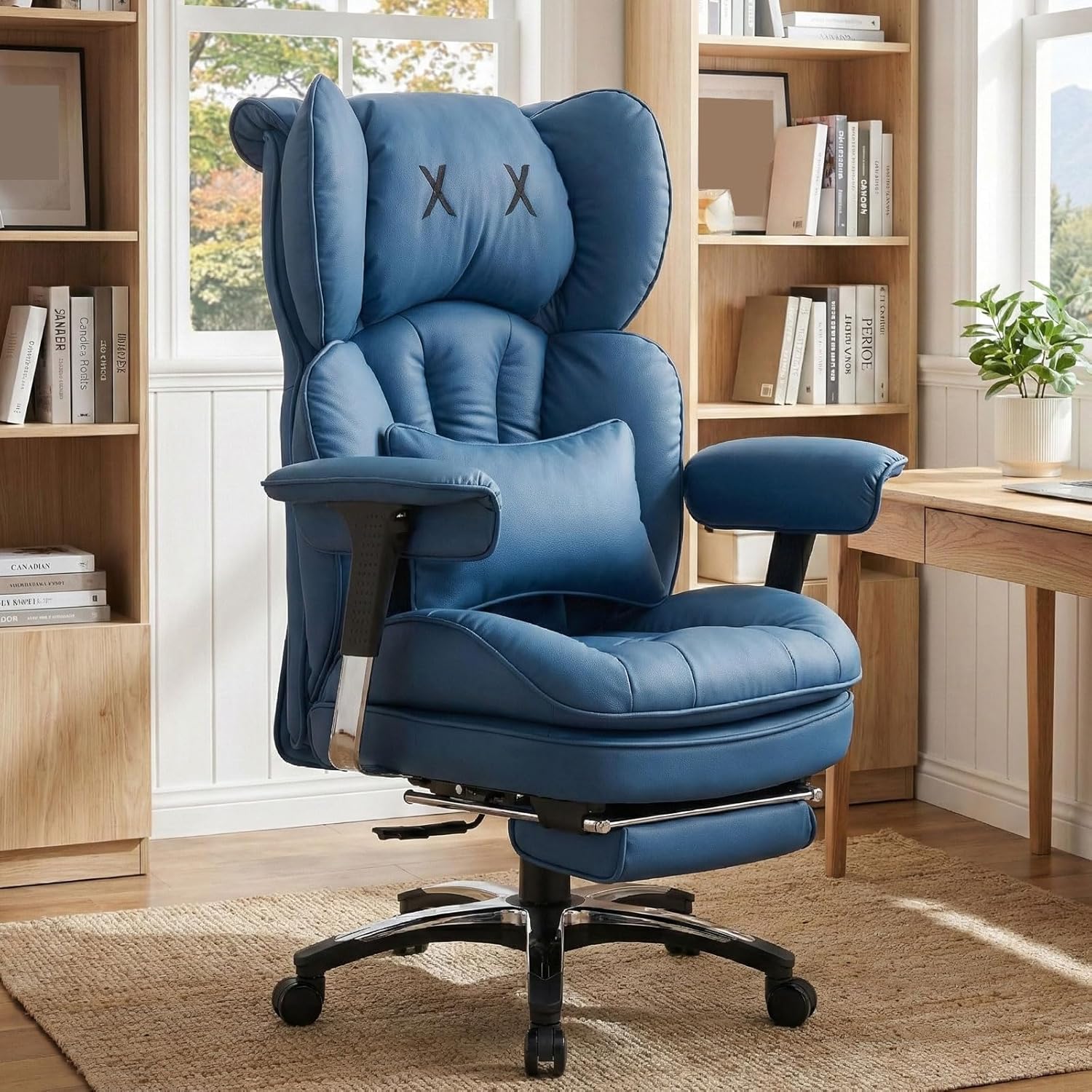 Efomao Big and Tall Office Chair, X-Embroidery PU Leather Home Chair, Adjustable High Back Computer Gaming Chair, 200kg Swivel Executive Office Chair with Footrest and Lumbar Support, Blue