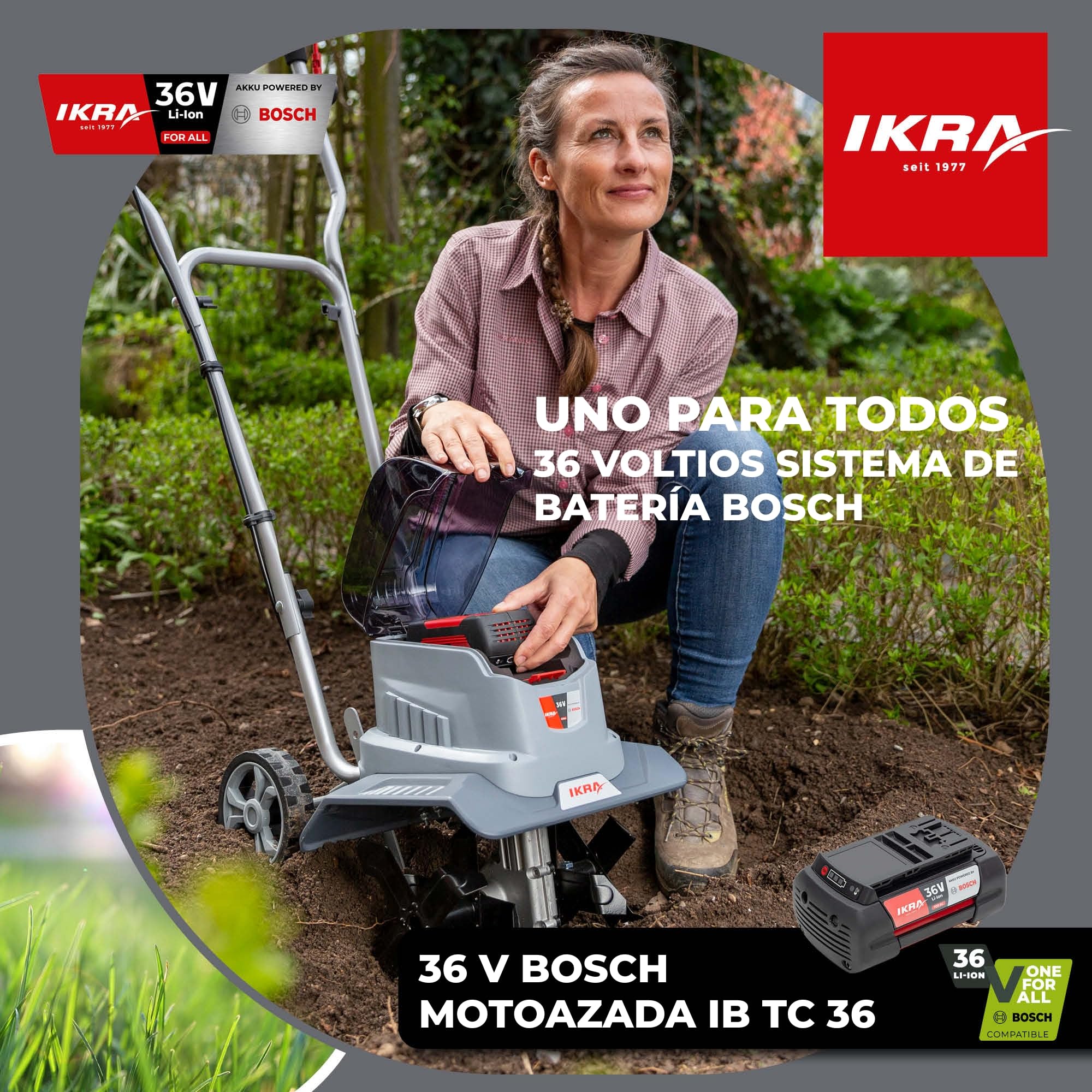IKRA motoazada IB-TC 36, sin batería de 36 V ni Cargador | Compatible con Bosch, motor sin escobillas, 2 anchos de trabajo de 18-30 cm, profundidad de trabajo de hasta 20 cm