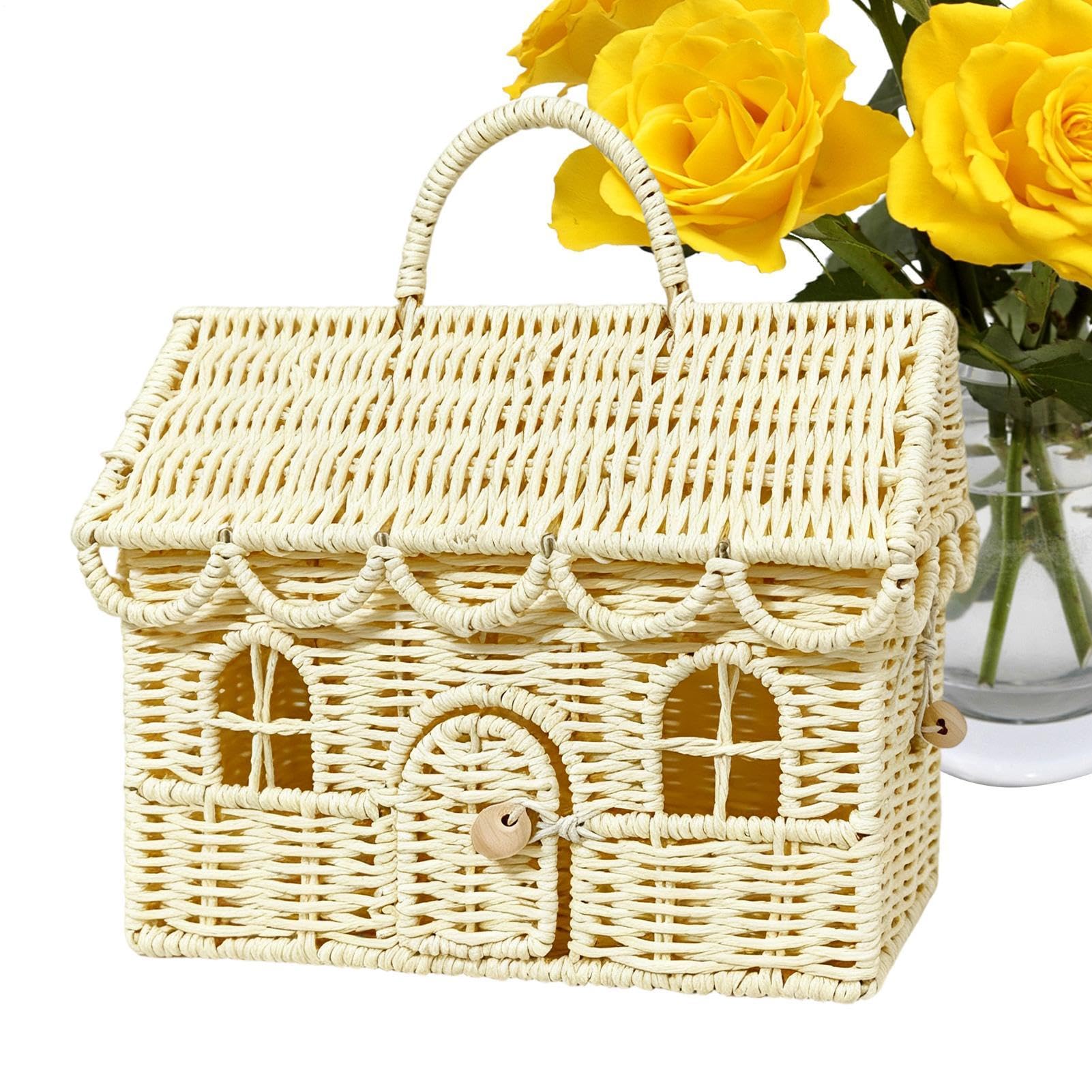 Cestino intrecciato in rattan artificiale decorativo a forma di casa, organizer con coperchio | Cestino in rattan per casa colonica, soggiorno, camera da letto, asilo nido, cucina, casa