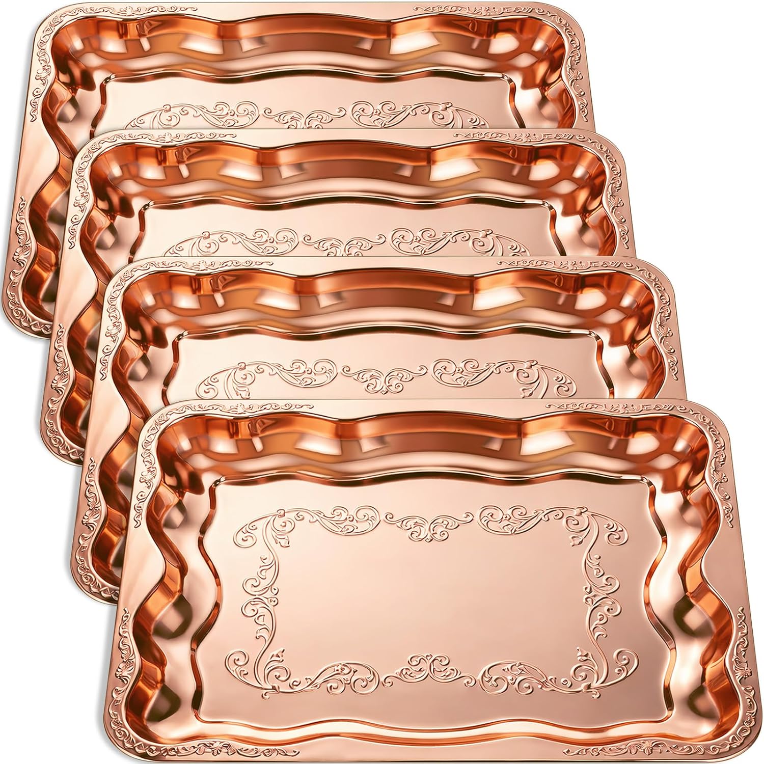 4 Pack Rose Gold Serving Trays Set for Party, Butterfly Floral Rose Gold Platter Engraved Mirror Tray, 15.8 x 11.6 Inches Elegant Metal Plate for Christmas Food Appetizer Cookies Desserts