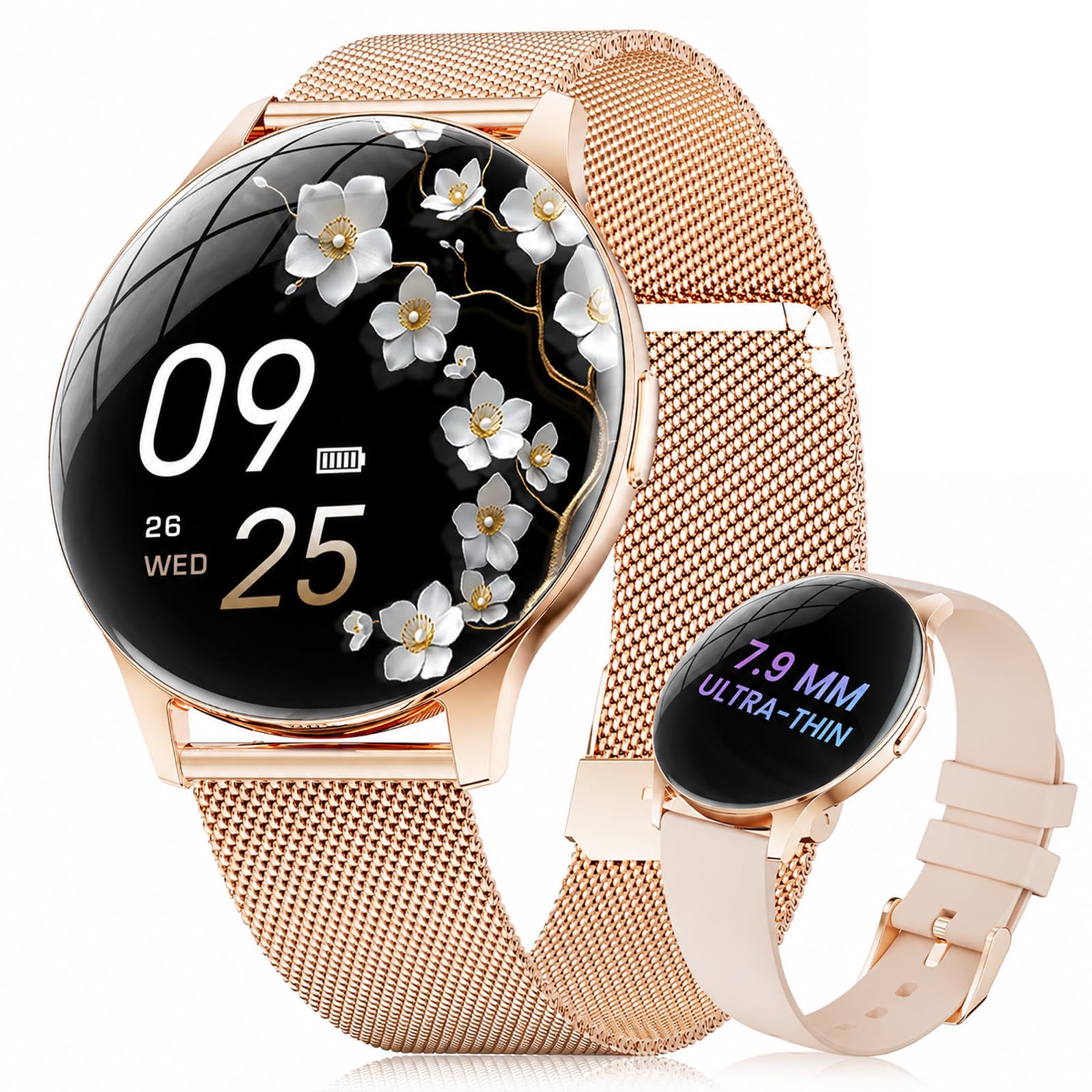 ESFOE Montre Connectée Femme,1.43‘’ AMOLED Ultra-Fin Smartwatch Femme Rond avec Appel Bluetooth,IP68 Étanche Fitness Tracker avec Fréquence Cardiaque/Sommeil Podomètre pour Android iOS Or Rose