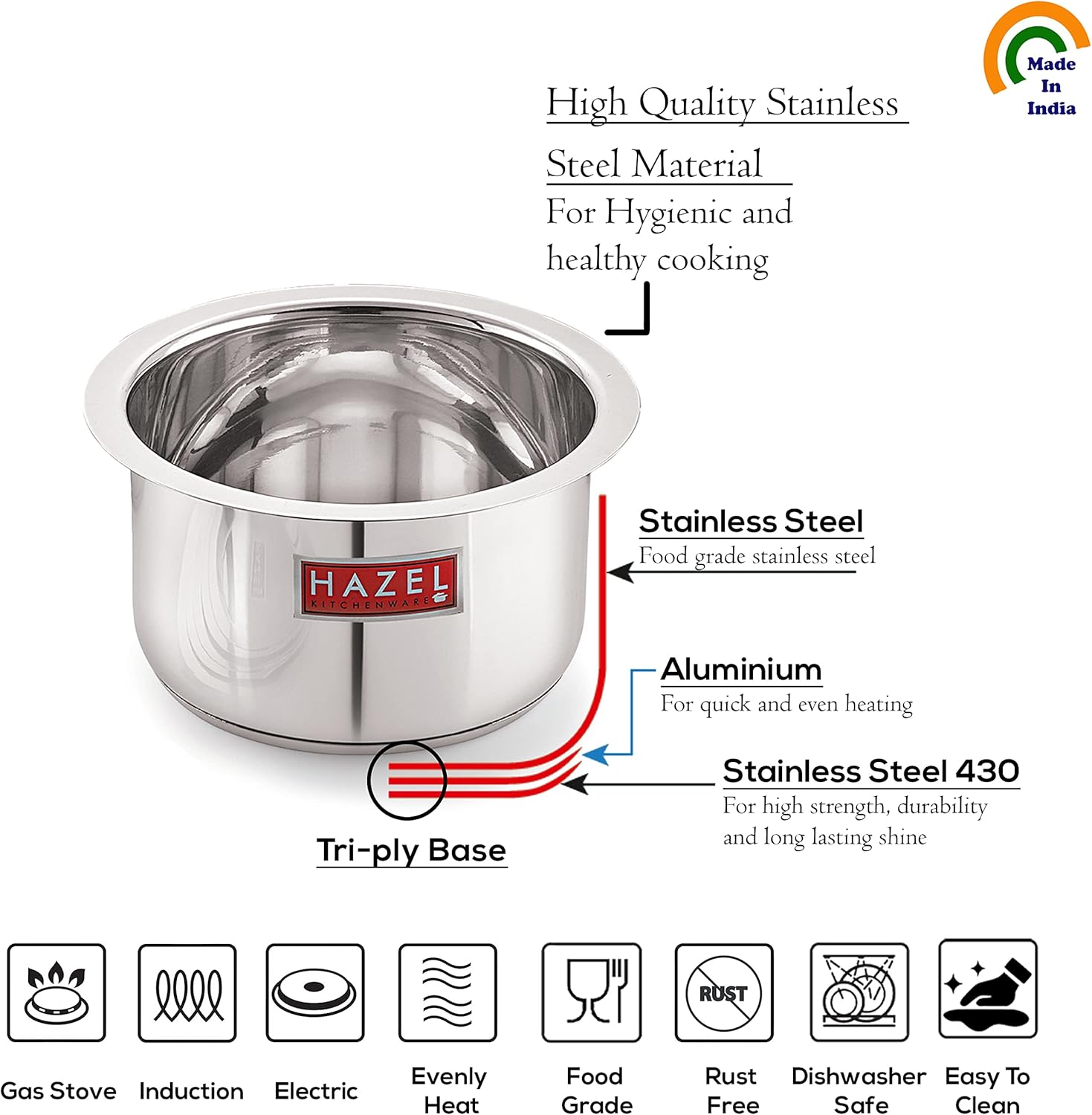 HAZEL Induction Bottom Tope Stainless Steel Heavy Base Thick Flat Bottom Patila Cookware Utensil for Kitchen, 17.7 cm, 2500 ML