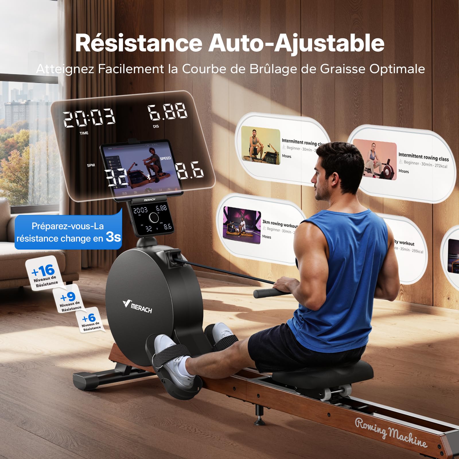 MERACH Rameur Musculation D'appartement, Auto-générateur, résistance magnétique maximale améliorée de 60 kg, réglage Automatique de la résistance, Doubles Rails en Bois, Affichage LED, Professionnel