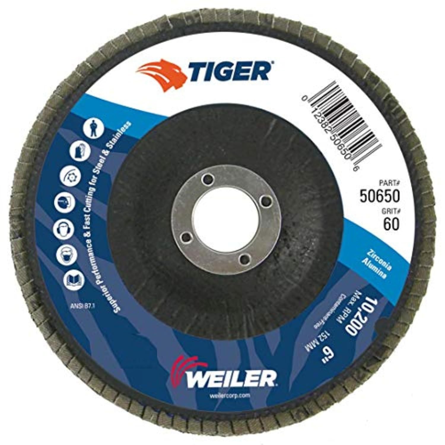 Weiler 50661 Tiger 5/8"-11 Arbor, 6" Diameter, 80 Grit, Zirconium, Phenolic Backing, Angled Abrasive Flap Disc