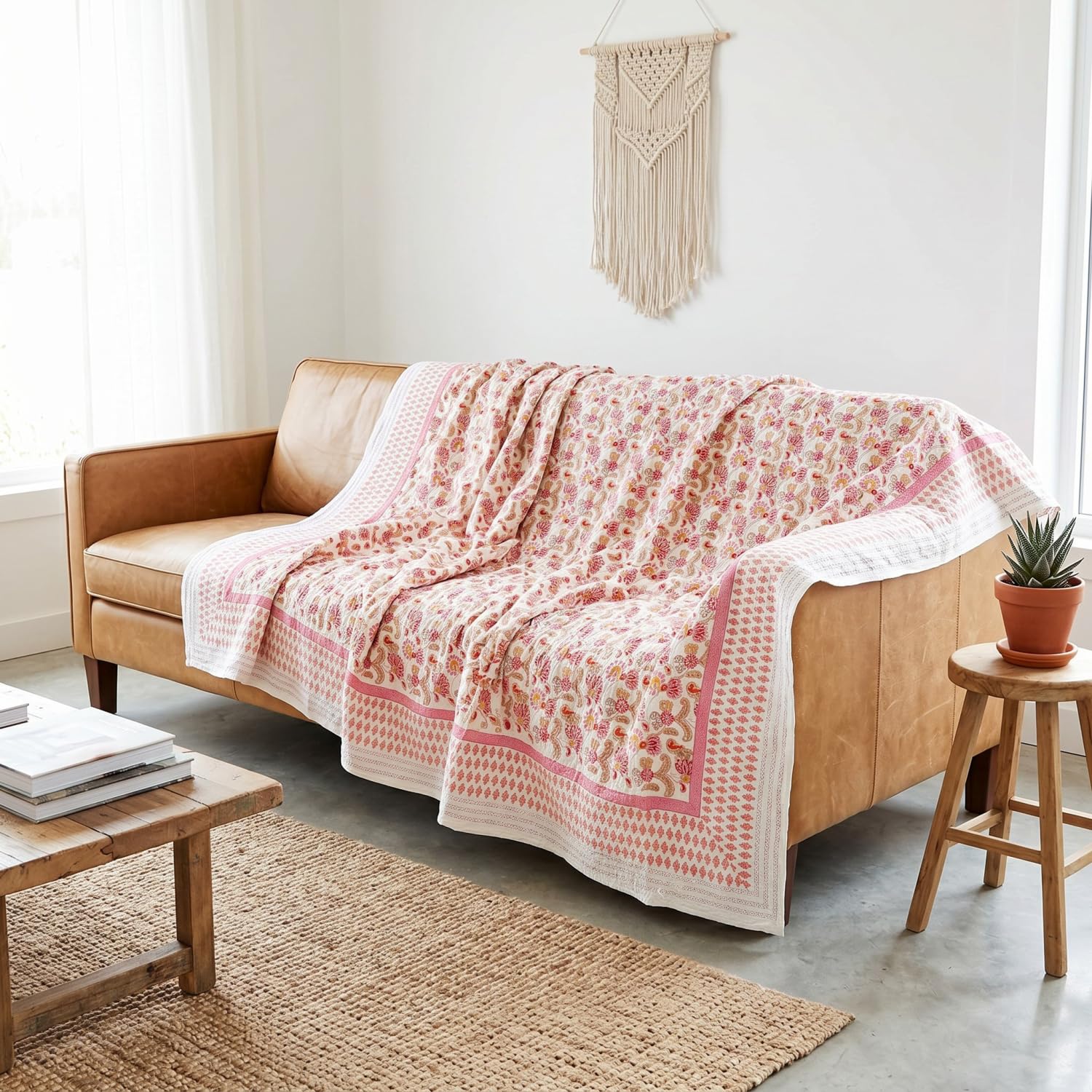 Blockdruck Tagesdecke, Bett & Sofaüberwurf, Design 8, Double 225*275 cm | 100% Baumwolle, handgefertigt, traditioneller Blockdruck, vielseitig einsetzbar, dekorativ