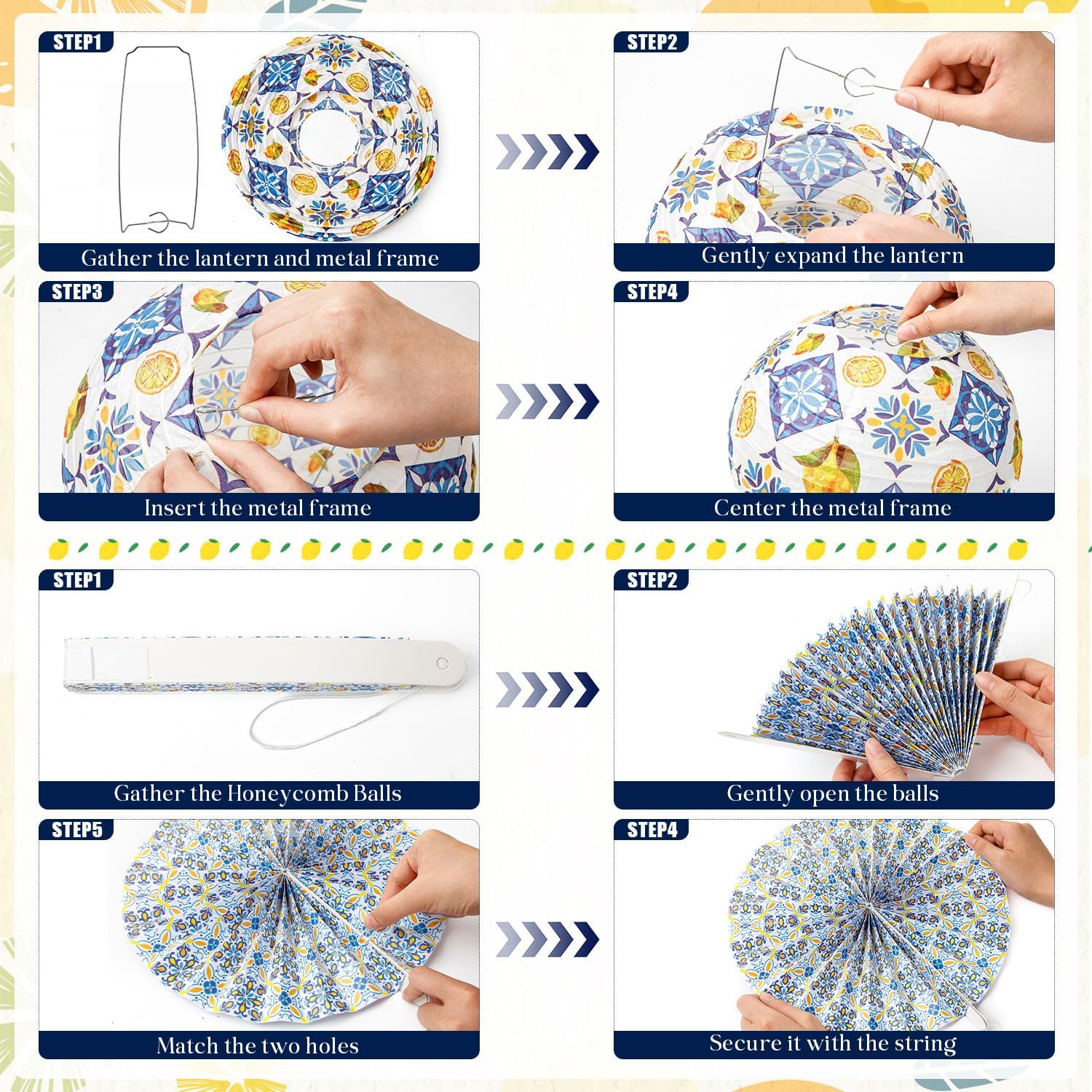 Baquler 24 Pcs Capri Lemon Party Decor Amalfi Coast Mediterranean Blue Yellow Lemon Decor with 12 Paper Lanterns and 12 Hanging Fans for Birthday Bridal Shower Baby Shower Italian Summer Party Wedding