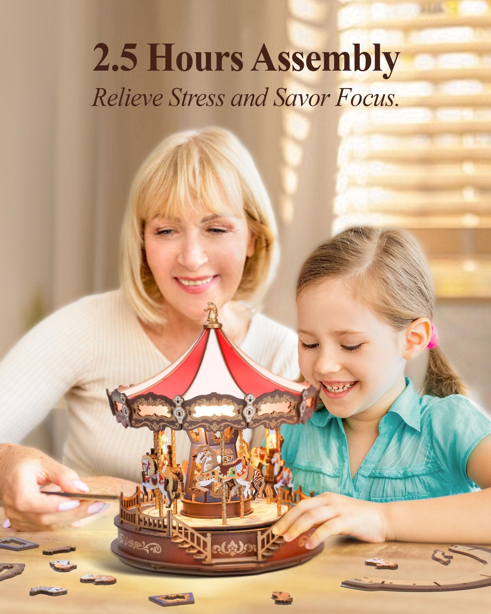 rowood Classic Carousel 3D Puzzle, Zestaw modelu skrzynki muzycznej z drewna do zbudowania dla dorosłych, zestawy do budowy zabawek DIY, idealne jako prezent na Boże Narodzenie i urodziny
