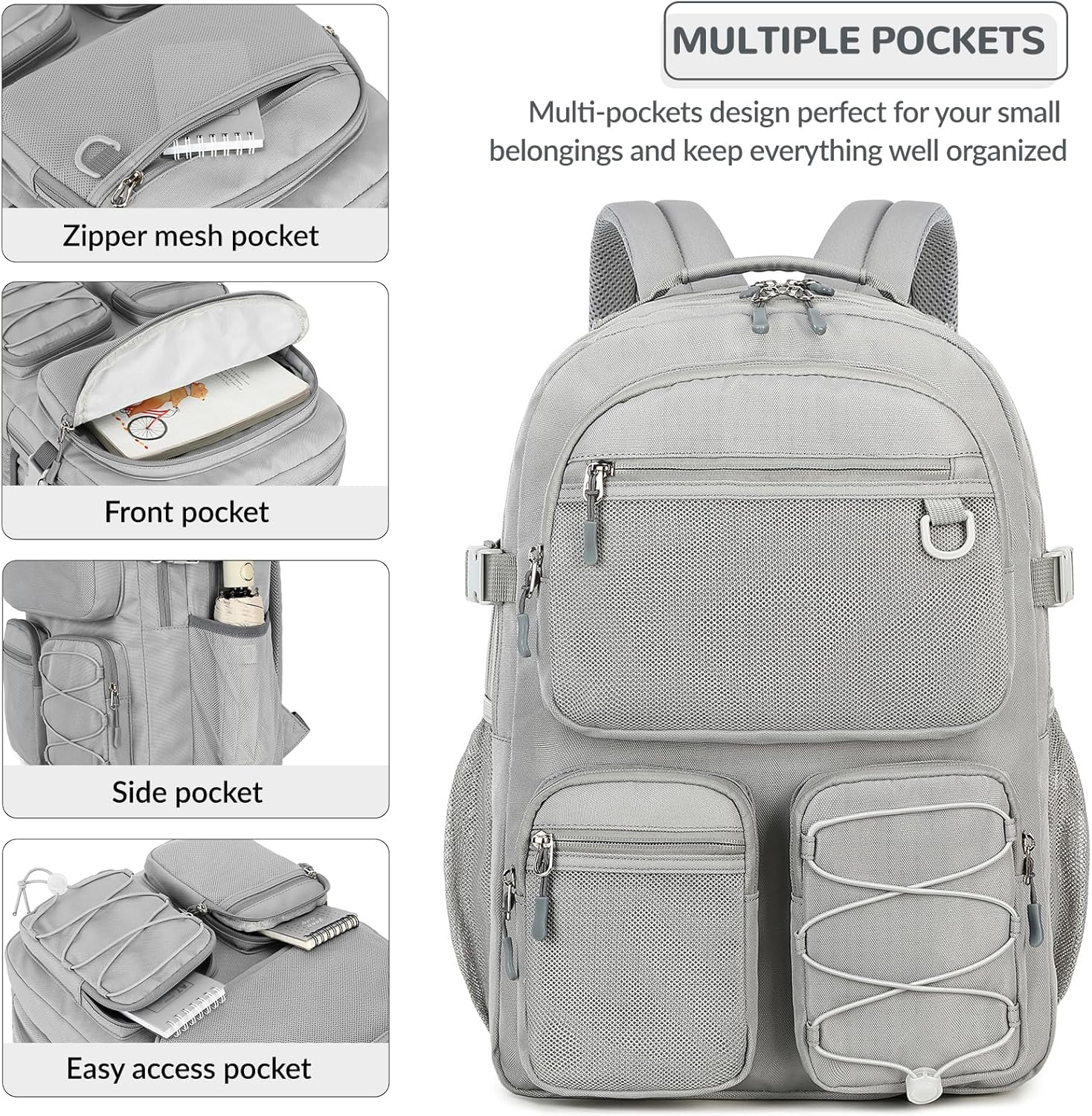 Lohol Water Resistant Daypack with Mulitiple Pockets for School Travel Outdoor College, 15.6 inch Laptop Backpack for Men and Women (Grey) - Image 6