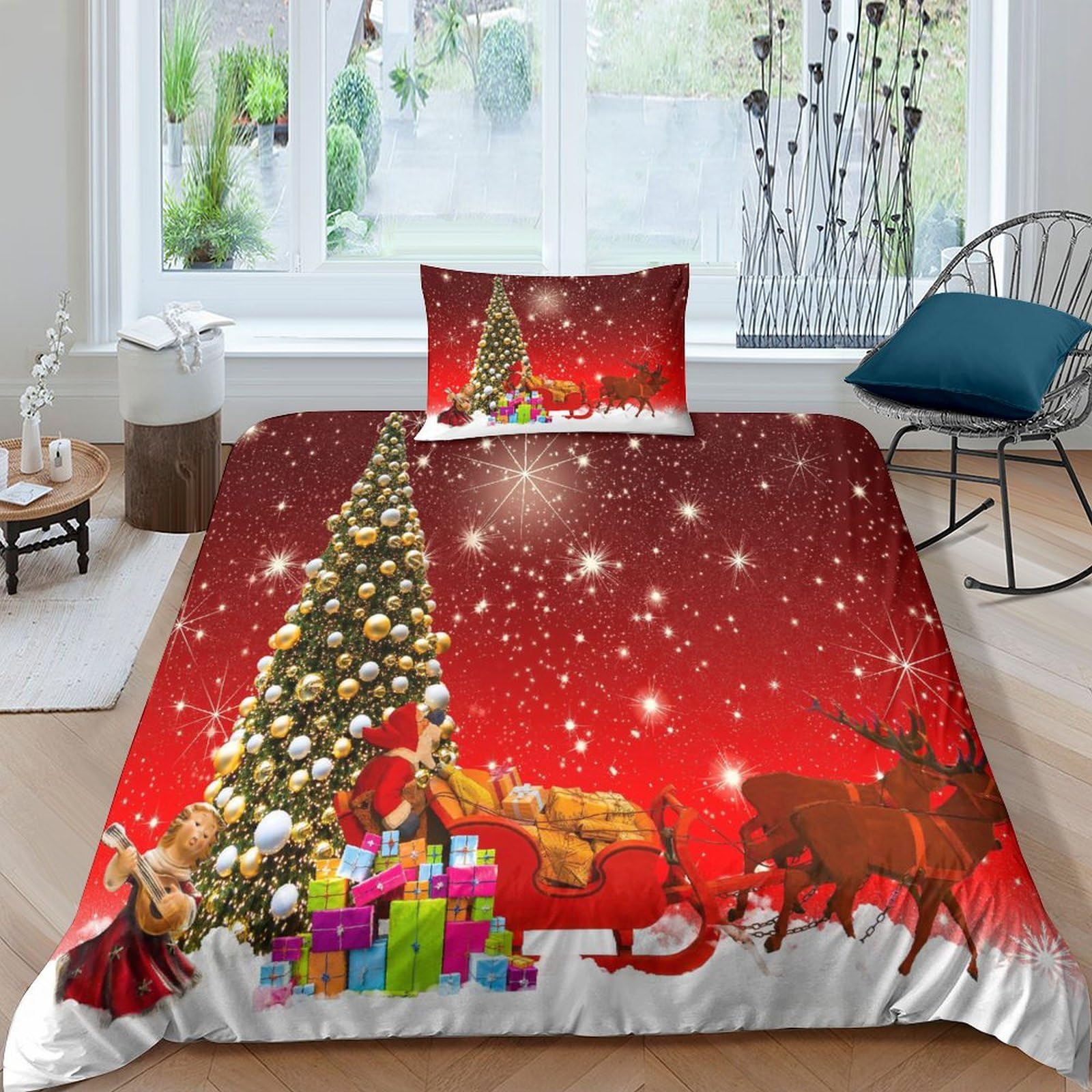 Housse de couette sapin de Noël pour chambre d'enfant et adulte ambiance chalet hivernal rouge
