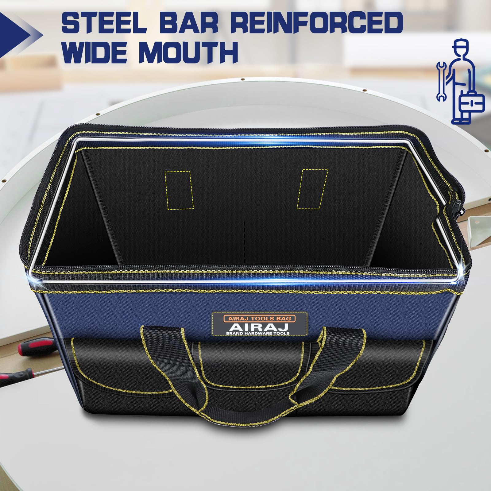 AIRAJ Lot de 2 sacs à outils | Sac de rangement portable pour outils de 35,6 cm et 40,6 cm | Sacs à outils à large ouverture pour homme et femme | Petit sac à outils | Organisateur d'outils pour