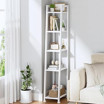 KLUVIS Narrow Ladder Shelf for Small Spaces - 5 Tier Thin Bookshelf Skinny Book Shelves Slim Bookshelves 60 inch Tall, White 02W