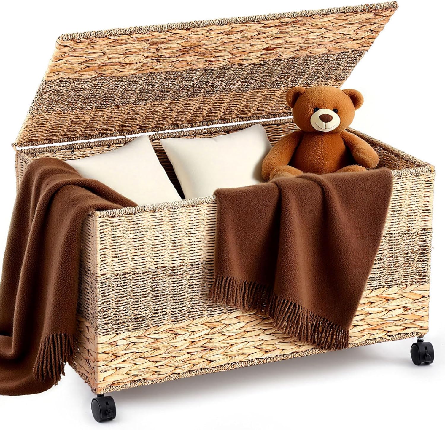 42.3 Gallon(160L) 30×17.7×18 in Wicker Storage Trunk with Wheels & Lid Heavy Duty Rolling Storage Bench Large Toy Chest Water Hyacinth Woven Blanket Bin for Bedroom, Laundry Room, Tricolor