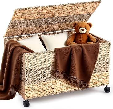 Cinnvoice 42.3 Gallon160L 3017.718 in Wicker Storage Trunk with Wheels & Lid Heavy Duty Rolling Storage Bench Large Toy Chest Water Hyacinth Woven Blanket Bin for Bedroom, Laundry Room, Tricolor