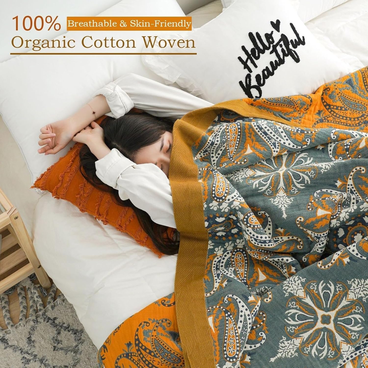 Boho Throw Blanket for Couch & Bed, 100% Cotton Reversible Farmhouse Decor, Soft Floral Pattern All Season Lightweight Blanket for Sofa Chair and Gift(B,King(90in*98))