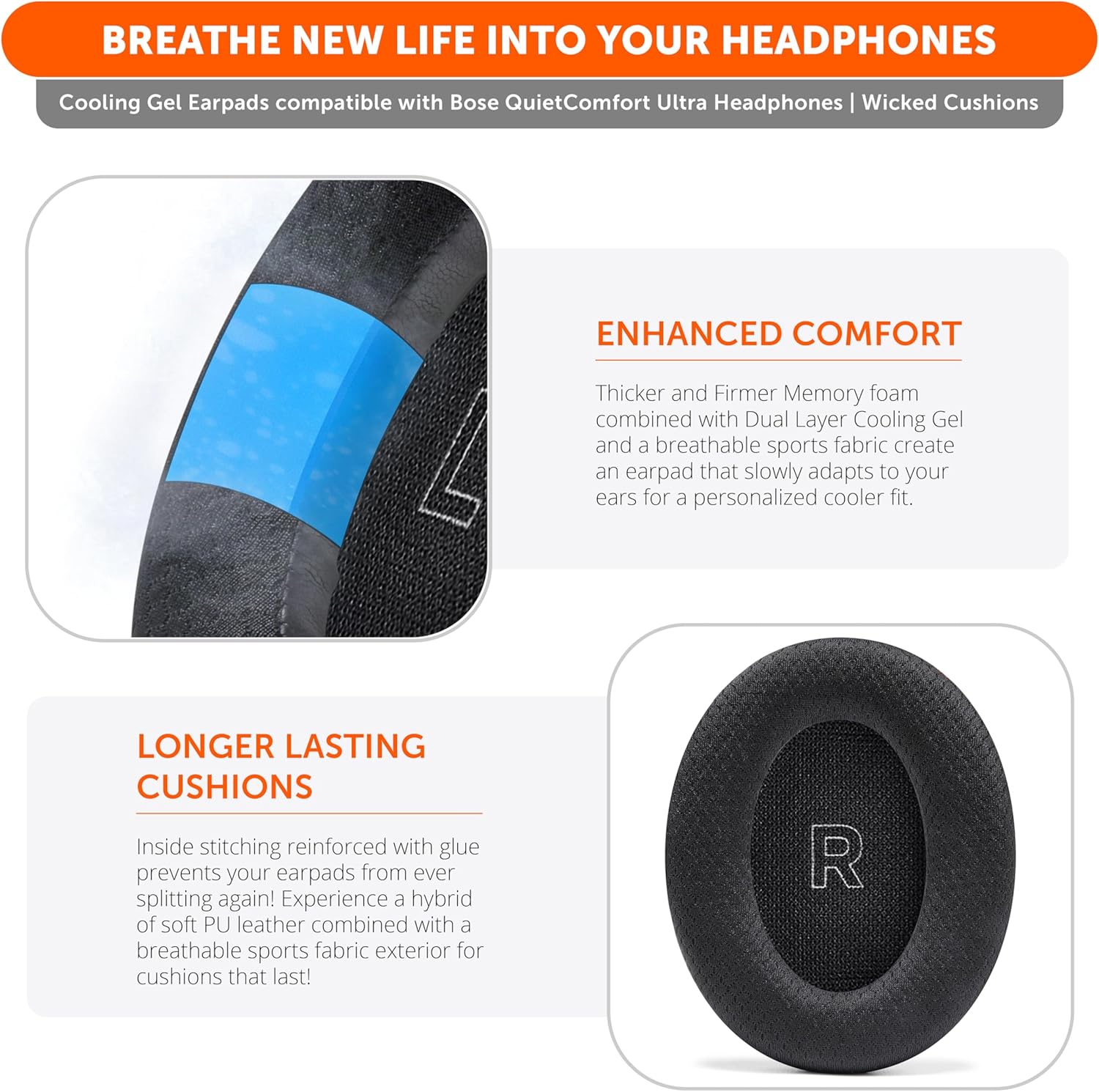 WC Freeze QC Ultra – Cooling Gel Replacement Earpads Compatible with Bose QuietComfort Ultra Gen 1 & Gen 2 by Wicked Cushions | Breathable Fabric, Extra Thick & Cool | 90's Black - Image 4