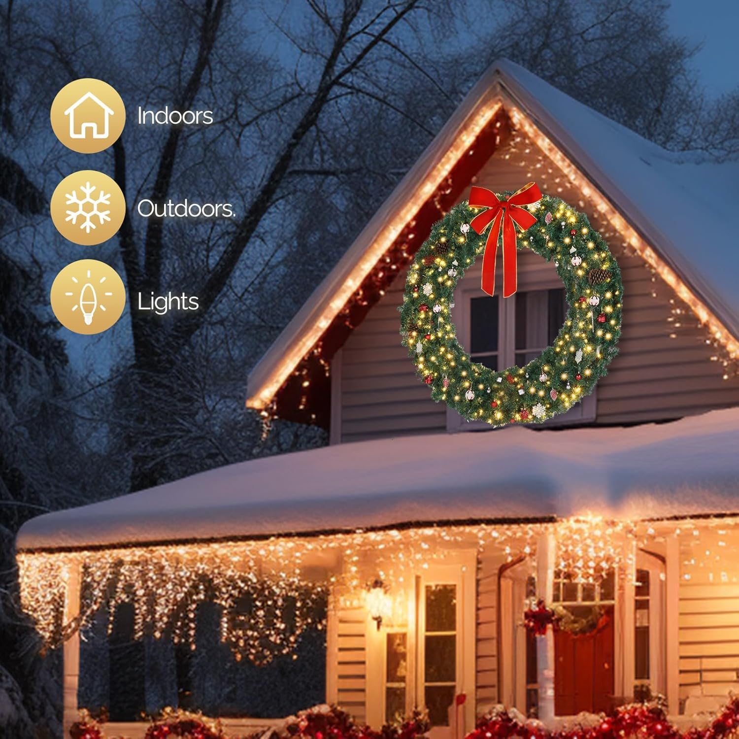 VINGLI 60 Inch Pre-lit Outdoor Christmas Wreath w/220 LED Lights, 600 PVC, Remote Control, Timer, Weather-Resistant for Garage & Front Door Decor
