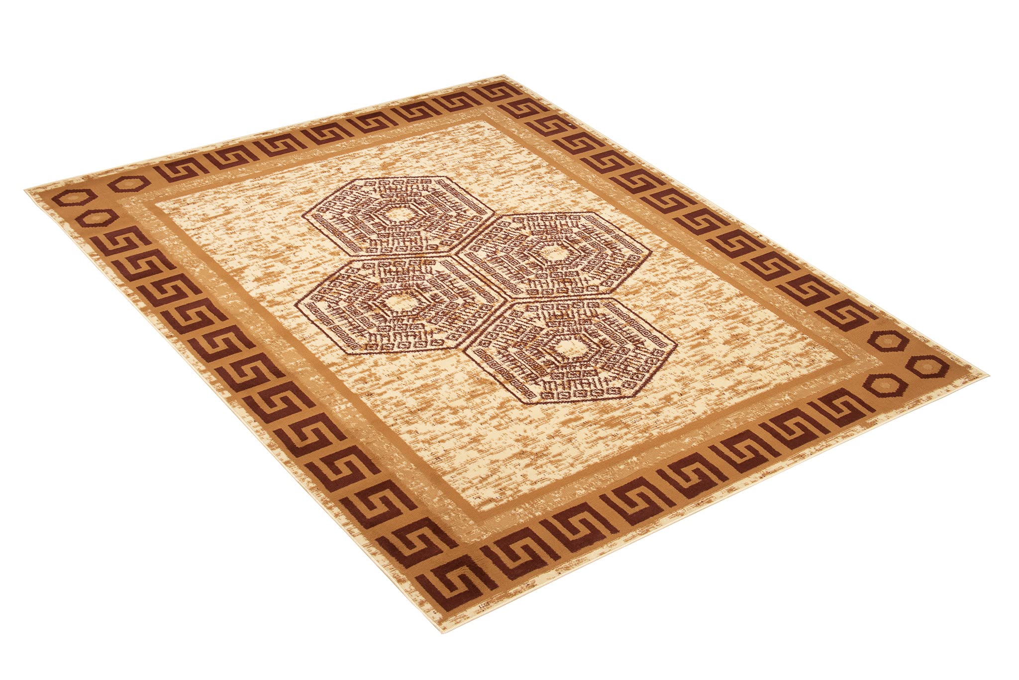 TAPISO Atena Tapis de Salon Chambre Ado Design Moderne Sable Marron Motif Grec Bordé Doux Fin Poil Court 140 x 200 cm