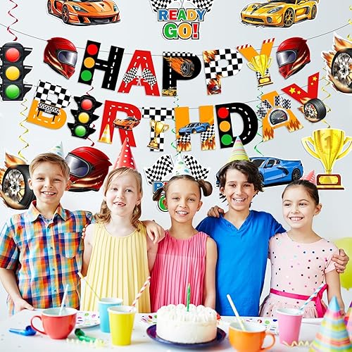 Miniatura 2 de KORHONEN Decoraciones de fiesta de auto de carreras, decoraciones de fiesta de cumpleaños de coche de carreras, incluye pancarta de feliz cumpleaños