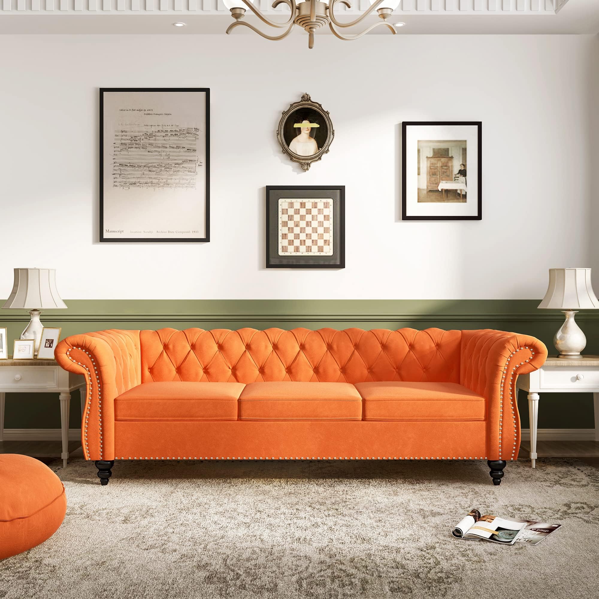 ORRD Chesterfield Sofa Velvet, Modern Tufted Couch 3 Seater with Rolled Arms and Nailhead for Living Room, Bedroom, Office, Apartment (Orange)