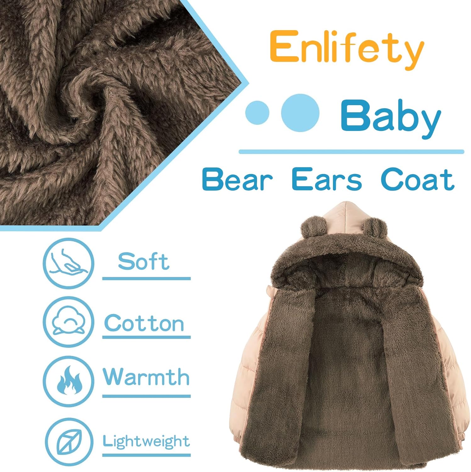 Enlifety 6M-5T Baby Toddler Winter Fleece Coat Boys Girls Cute Bear Ear Hooded Jackets with Pockets - Image 5