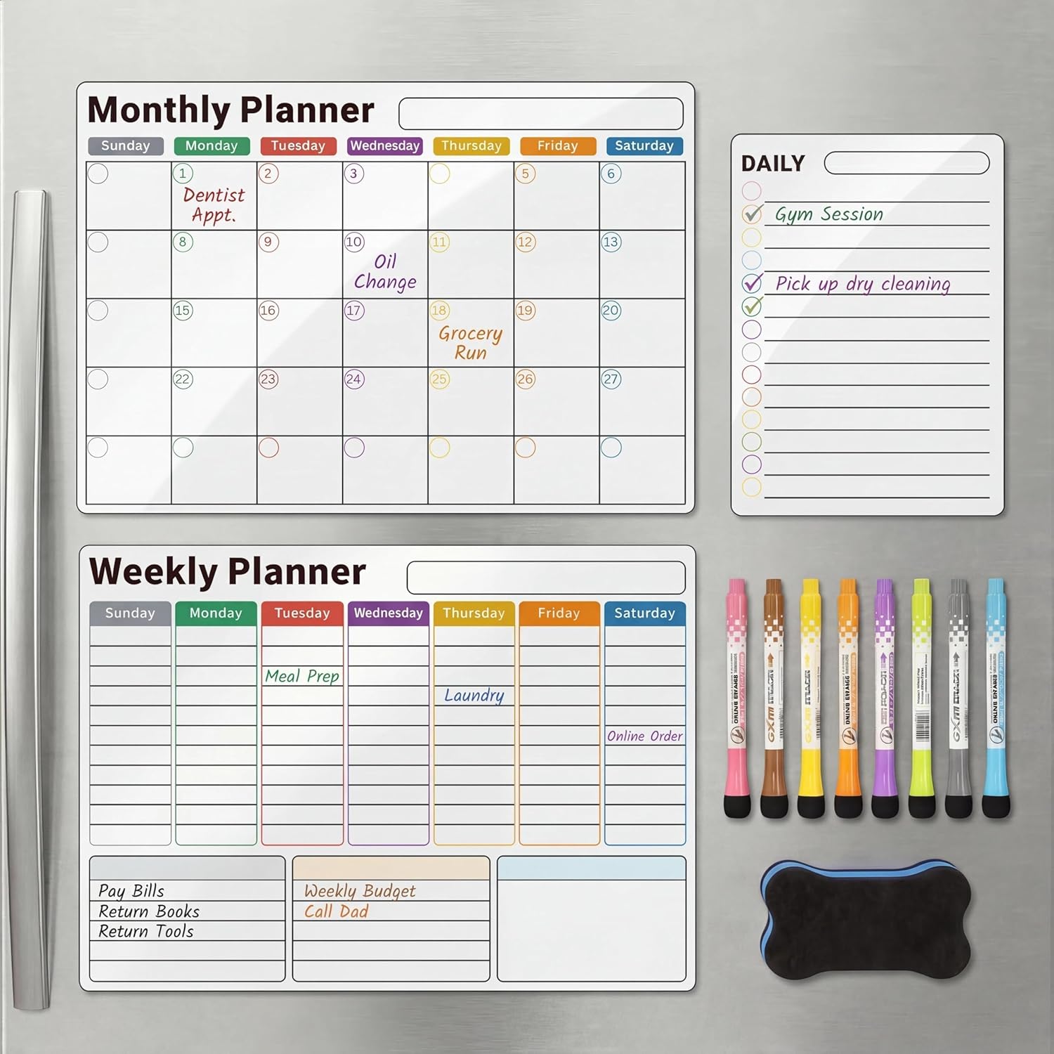 Magnetic Calendar for Refrigerator (4-Pack, Ships Flat) - 17"x12" Monthly, Weekly, XL Daily & Blank Dry Erase Board - Nano-Tech Fridge Whiteboard Planner with Lined Grids, 8 Markers, Eraser