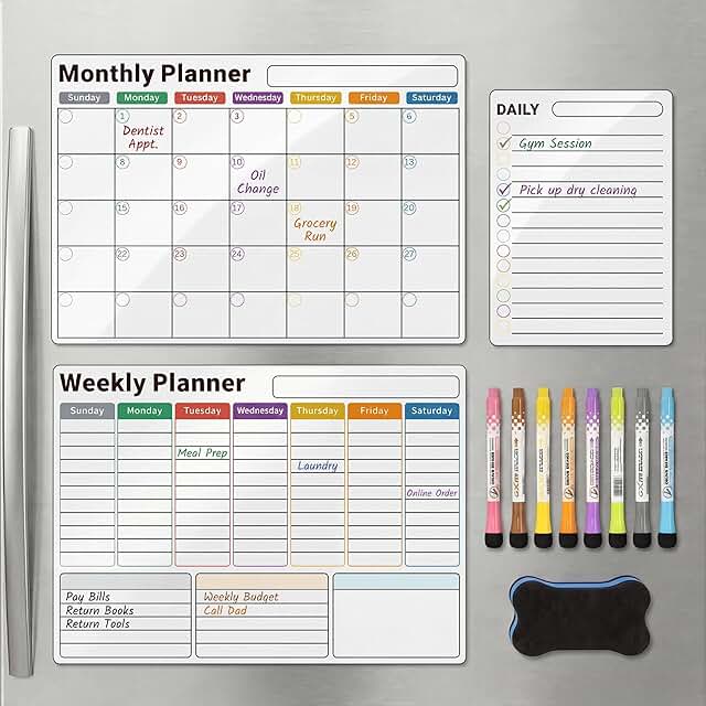 AUVIREC Magnetic Calendar for Refrigerator (3-Pack, Ships Flat) - 17"x12" Monthly, Weekly & Daily Planner with Lined Grids...