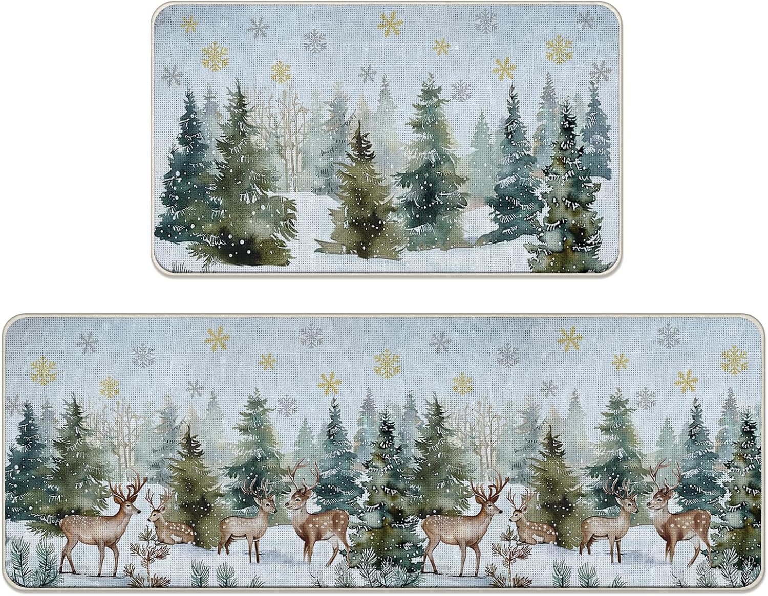 Winter Forest Reindeer Kitchen Rugs Set of 2, Watercolor Snowy Pine Tree Gold Snowflake Floor Mats Home Decor, Christmas Woodland Seasonal Door Mat Decorations - 17x29 and 17x47 Inches