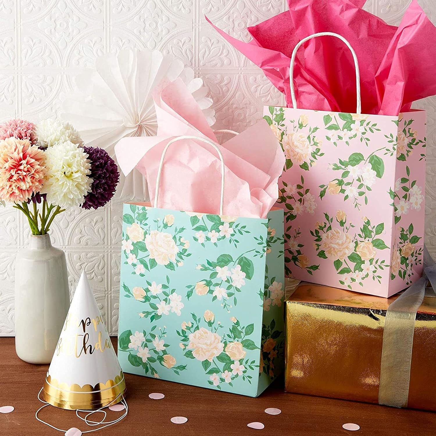 Small Floral Kraft Gift Bags with Handles, 12-Pack of Party Favour Bags in 4 Colours, 20 x 23 x 10 cm, Grey,Pink,Black,Teal - Image 3