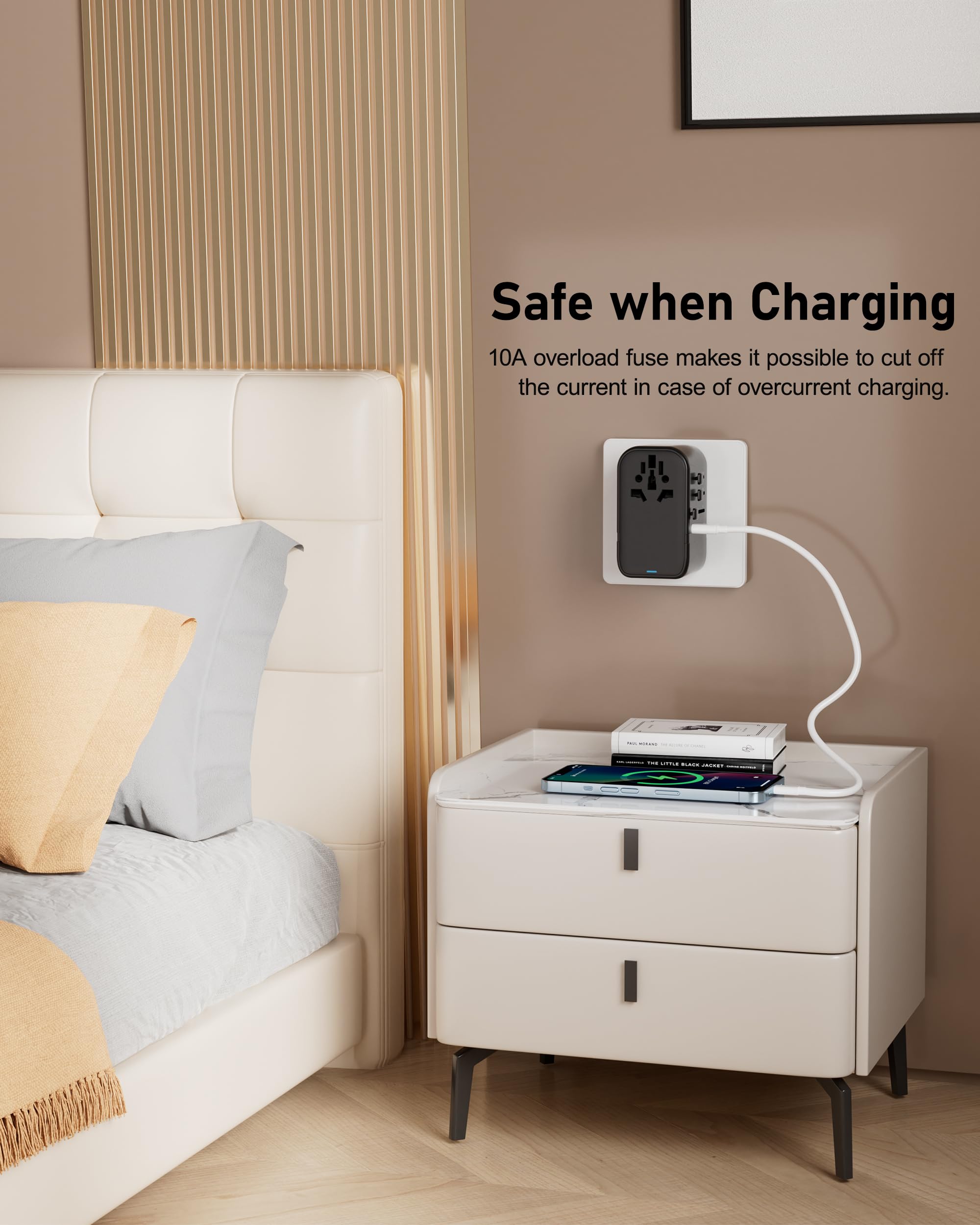 100W GaN Universal Travel Adapter International Power Adapter 5 USB 3 USB C Charging Ports European Travel Plug Adapter Worldwide