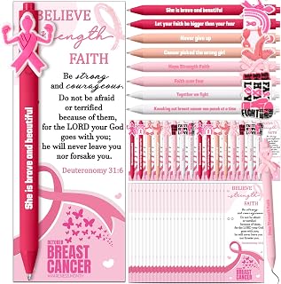 Resurhang 96 Pcs Breast Cancer Awareness Gift Pens with Inspirational Card Christian Pink Ribbon Pens Inspirational Bible Gift Card for Charity Event Breast Cancer Awareness Supplies (Pink Ribbon)