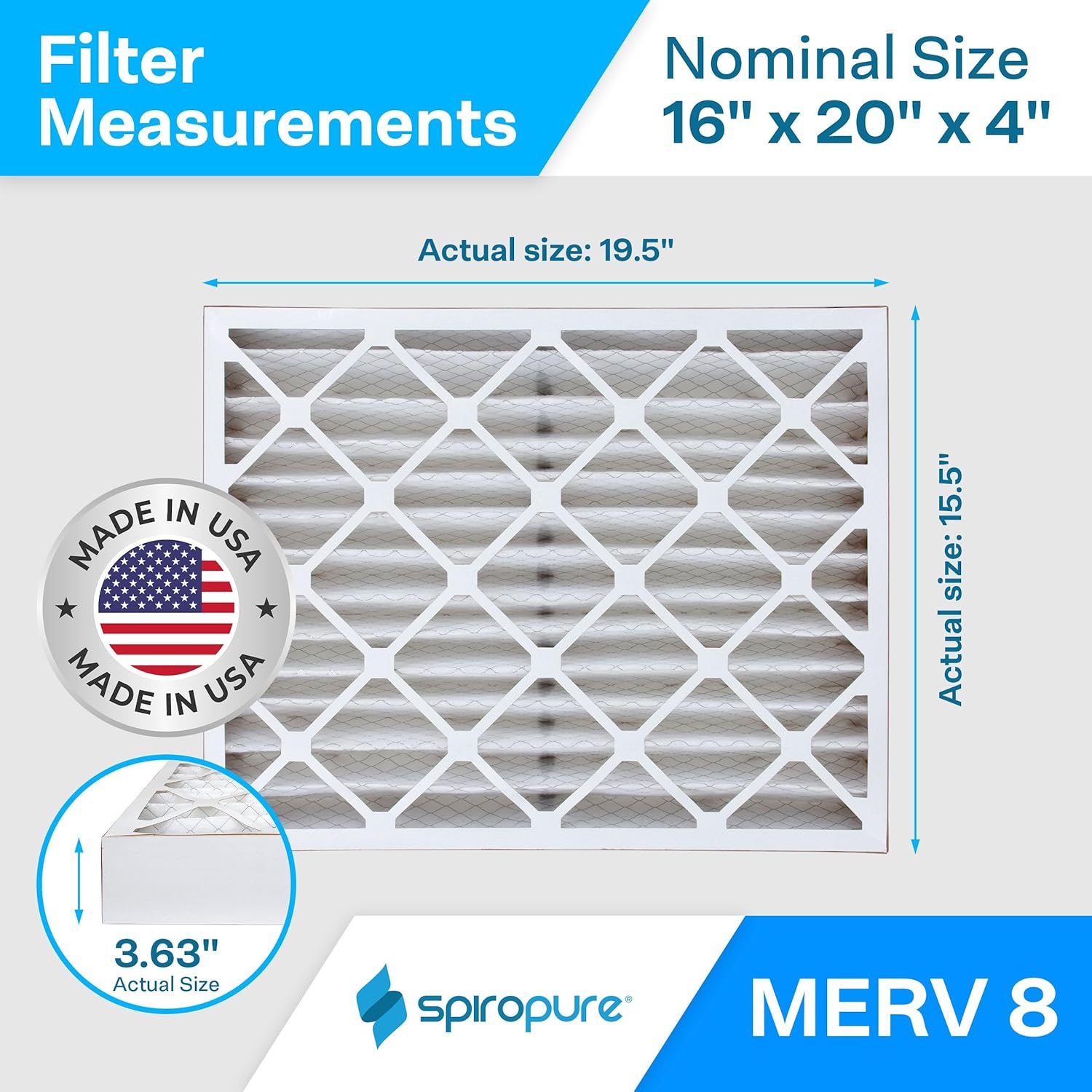 SpiroPure 16X20X4 MERV 8 Pleated Air Filters - Made in USA (6 Pack)