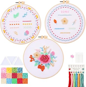 Harimau Bead Embroidery Kit for Adults, with Red and Pink Flowers, DIY Kit Includes Embroidery Beads, Thread, Stitch Book & Tambour Tools, Perfect Set for Starters
