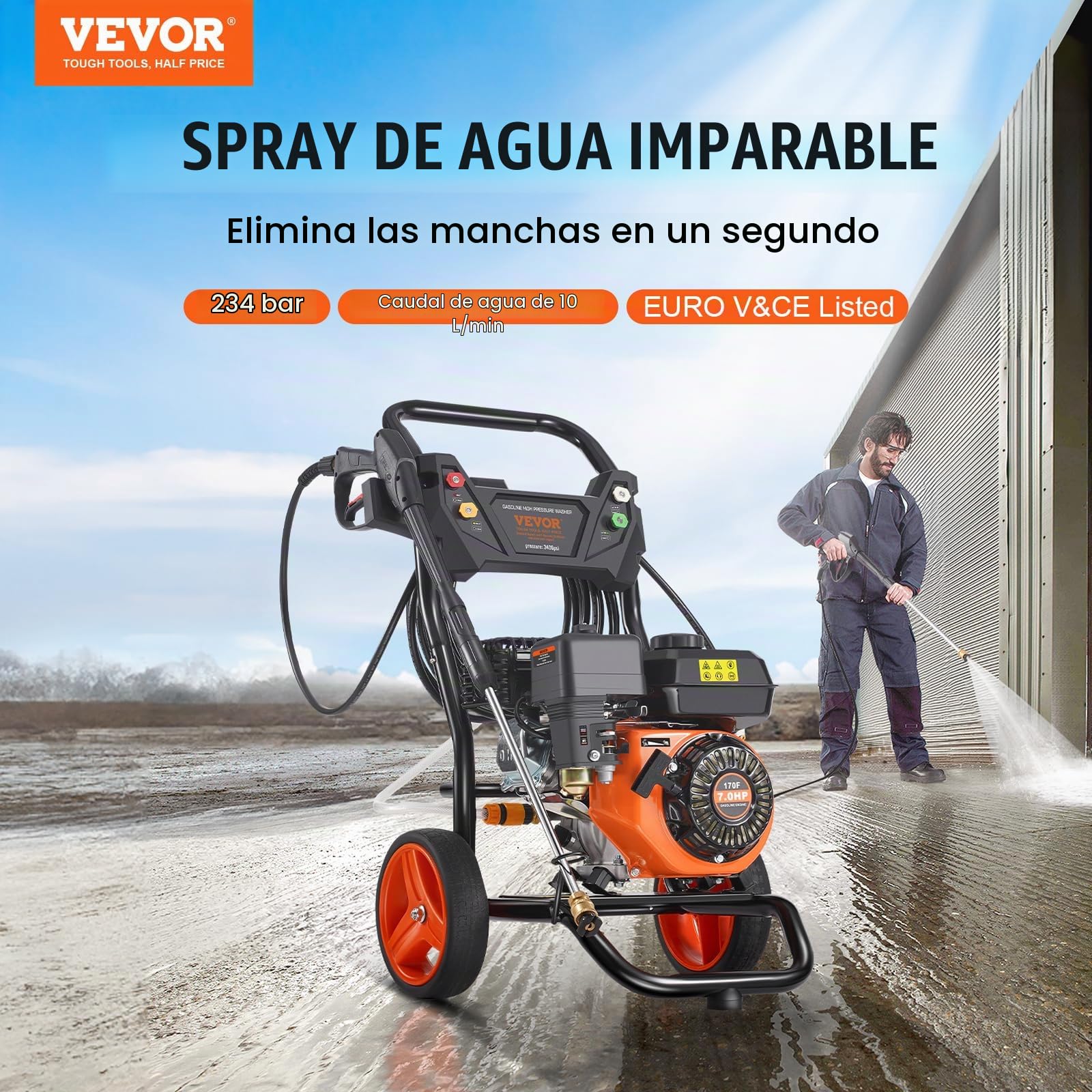 VEVOR Lavadora de Alta Presión a Gas Vertical 3400 PSI 2,6 GPM Limpiador de Alta Presión 10 L/min con Bomba de Aluminio, Pistola Rociadora, Varilla de Extensión, 5 Boquillas para Casas, Vehículos