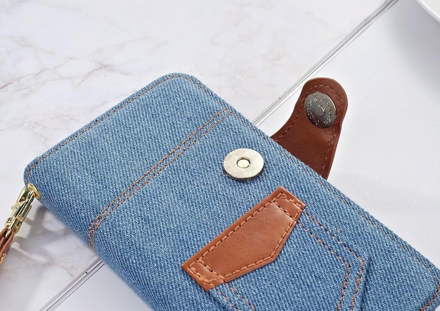 Denim Wallet Phone Case for iPhone 15 Pro, Exquisite Denim + TPU Material Handbag Wallet Card Holder Beautiful Style Durable Anti-Fall 6.1" Blue