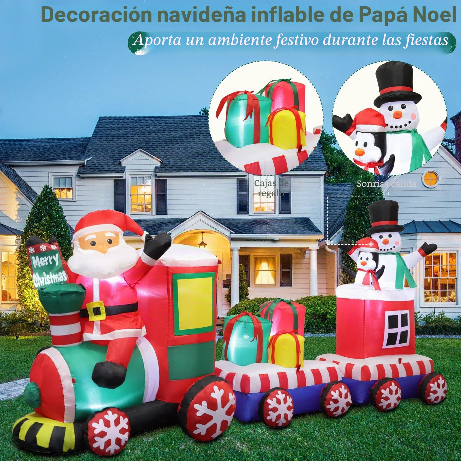 Omdekor 240CM Tren Inflable Navideño con Papá Noel Pingüino Muñeco de Nieve, Decoración Navideña Inflable, Luz LED Incorporada, Fiesta de Navidad, Festival, Jardín, Césped, Patio Decoración