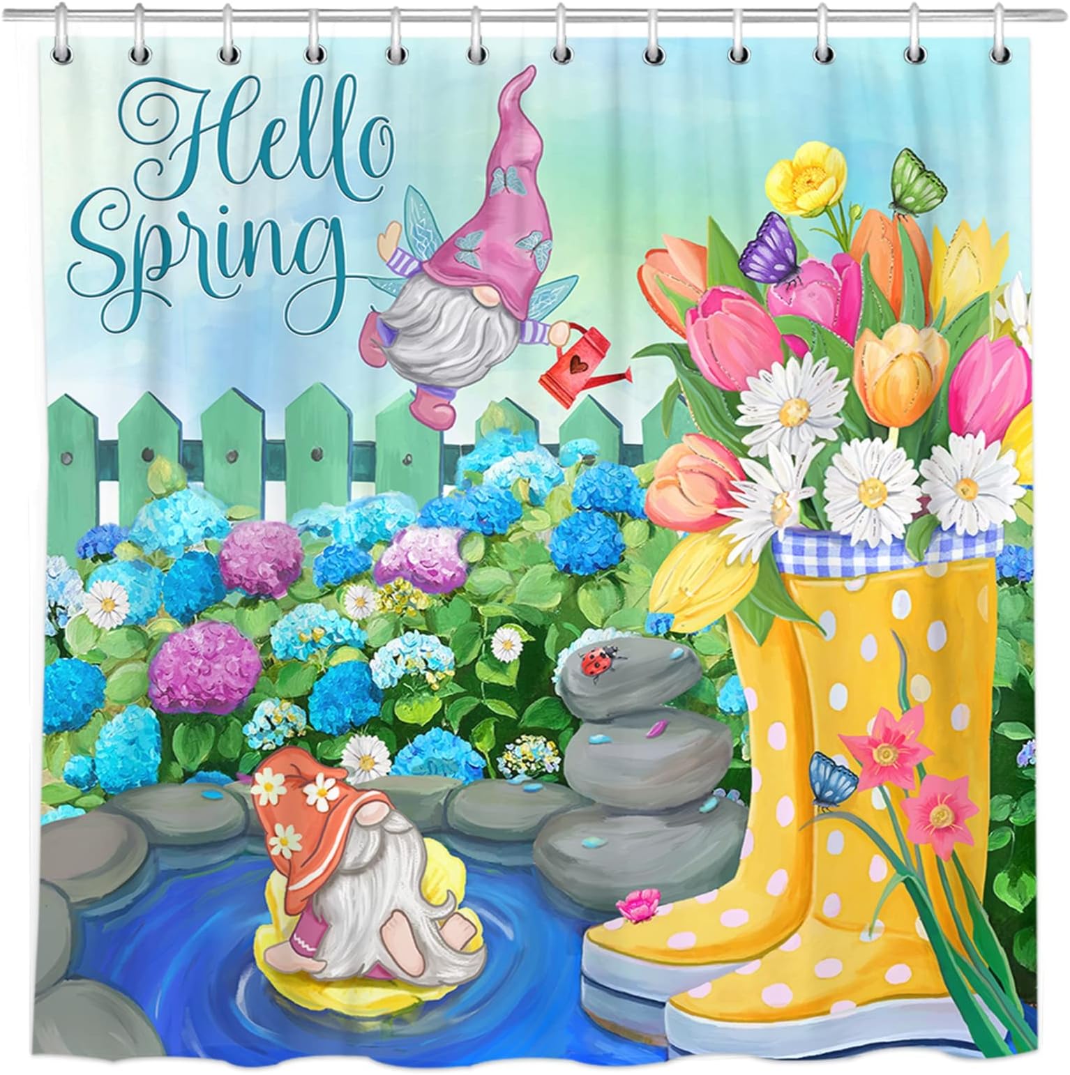 Spring Shower Curtains, Hello Spring Gnomes Waterproof Bath Curtain for Bathroom, Tulip Blossoms Boots Hydrangea Daisy Seasonal Farmhouse Fabric Shower Curtains with Hooks for Home Decor, 72"x72"