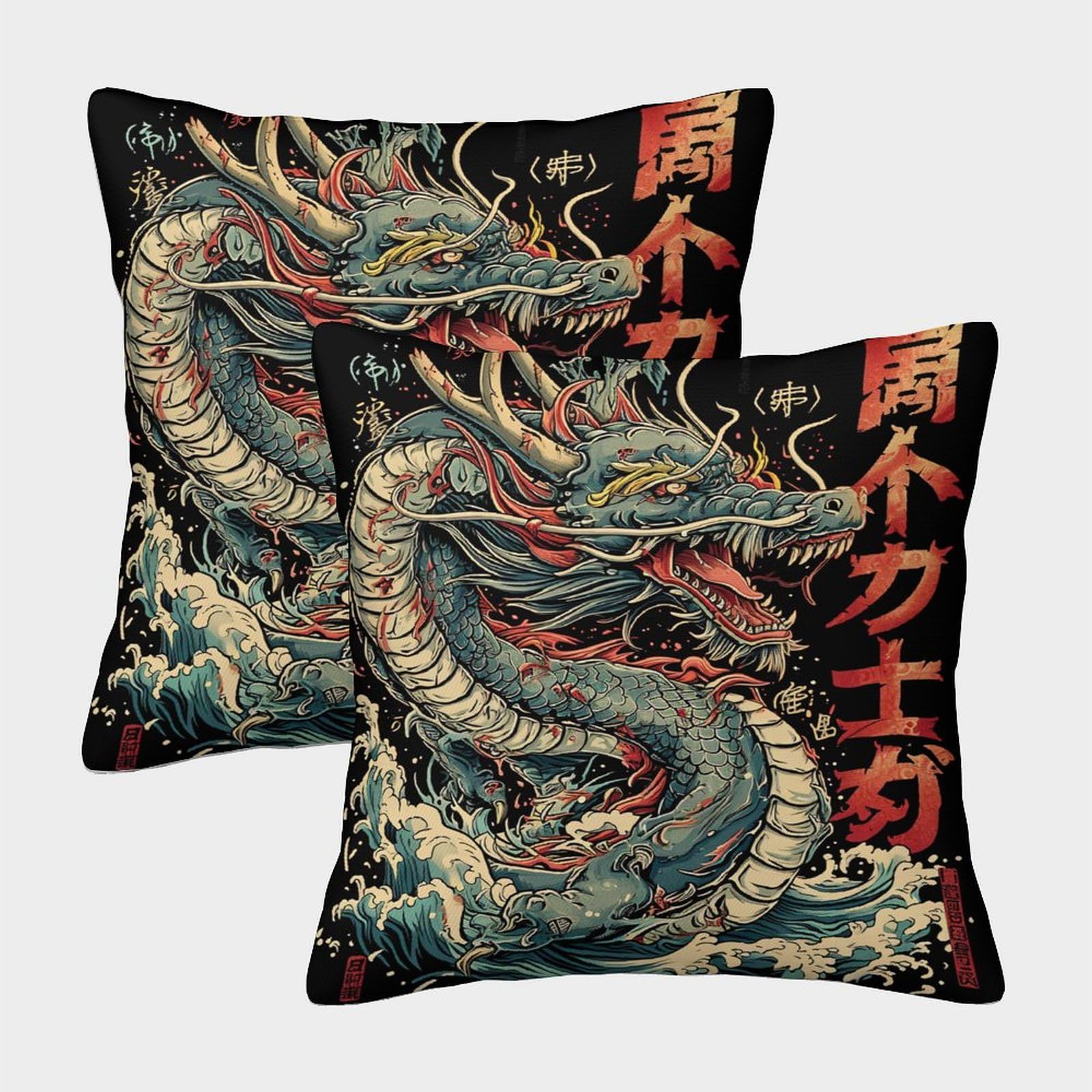TNFHSOFT Japanese Dragon Cushion Cover Set of 2 Decorative Machine Washable Pillowcases Square Pillow Cases with Invisible Zipper Cushion Covers For Livingroom Sofa Bedroom Throw Pillow Cases 45x45cm — image 1