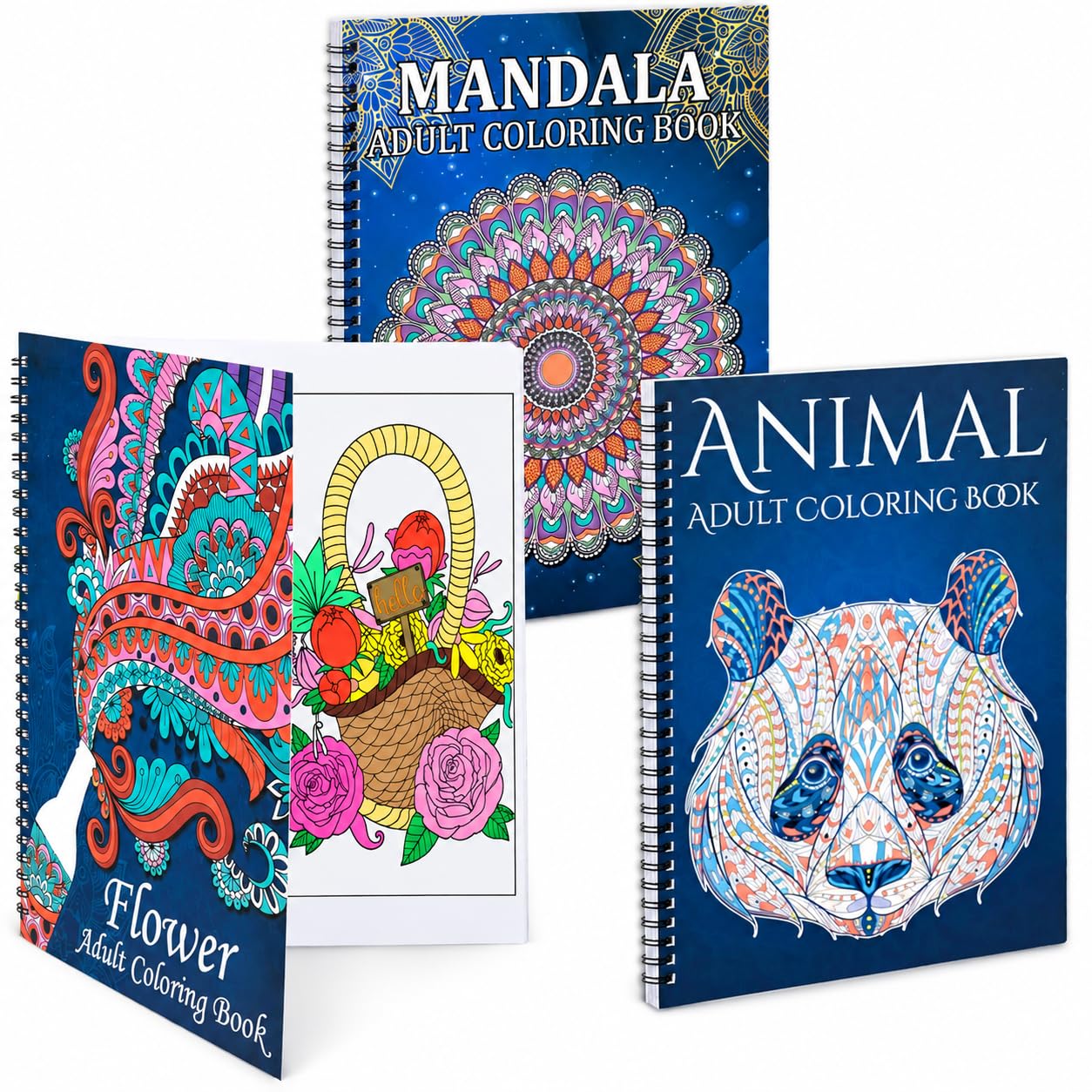 Thuro Adult Colouring Book Set,Spiral Bound Colouring Book for Adults Relaxation,60 Pattern Included Animal,Madalas and Flowers,Stress Relief Colouring Books for Women