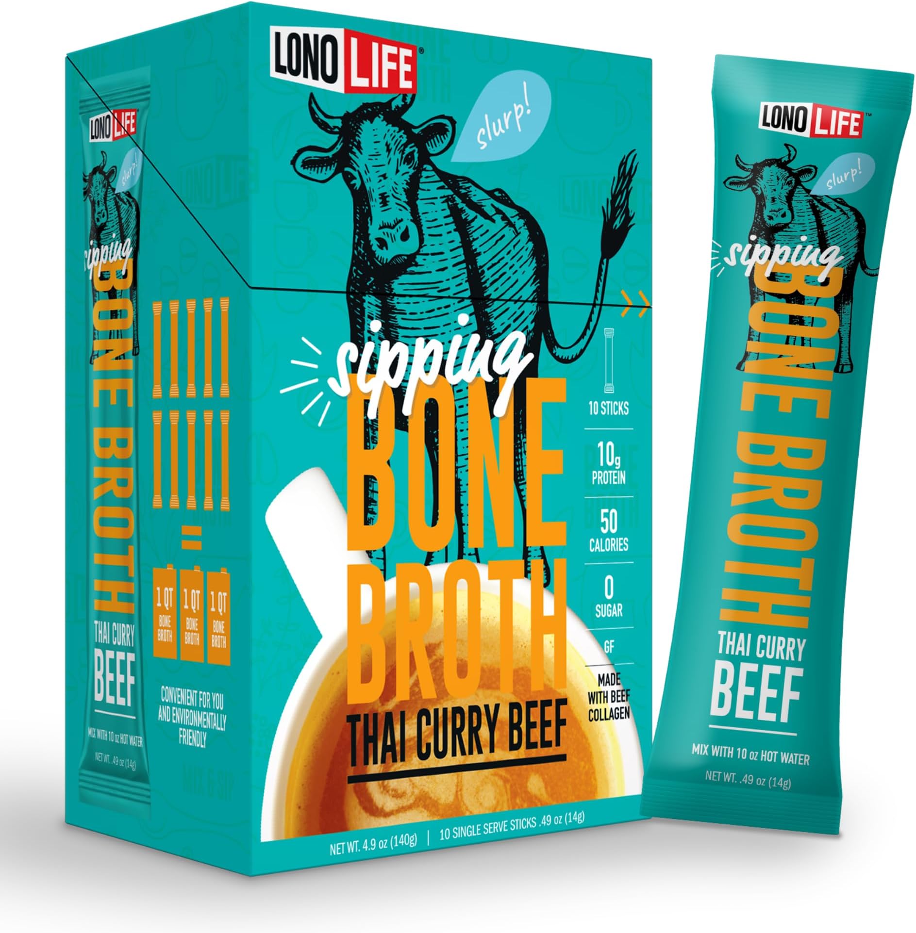 LonoLife Thai Curry Beef Bone Broth Powder Mix | Grass-Fed, 10g Protein | Collagen-Rich, Keto & Paleo Friendly | Natural Ingredients | 10 Portable Stick Pack Servings