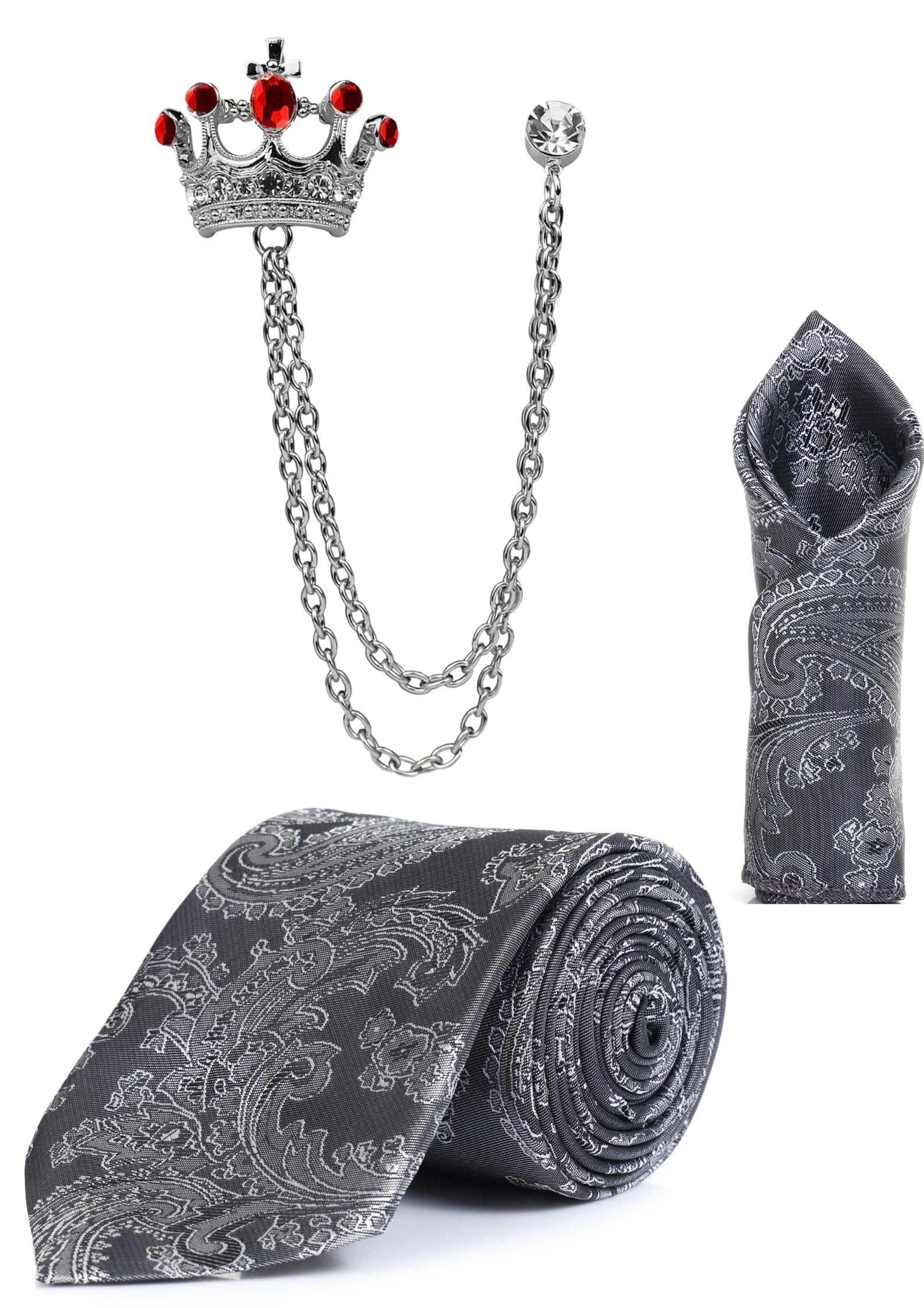 Random Stripe Men’s Paisley Necktie, Pocket Square & Crown Brooch Combo Set | Premium Satin Finish | Wedding, Party & Formal Wear | 16 Colors-picture-28